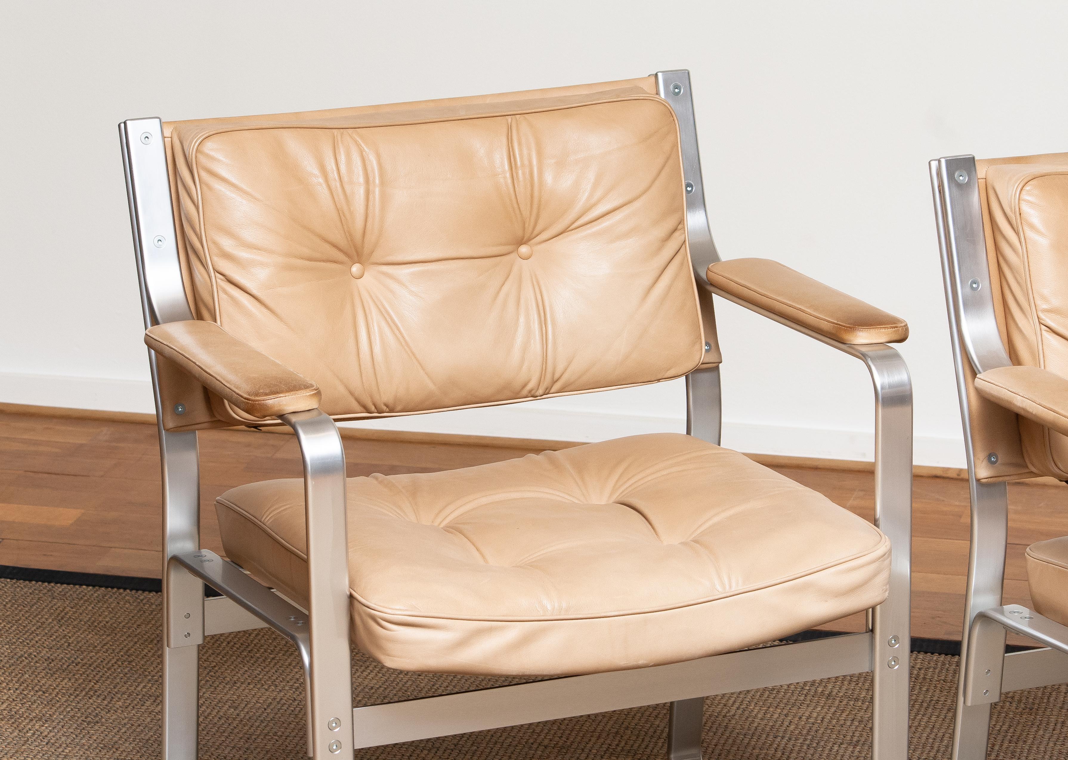 Aluminum 1960s, Pair 'Mondo' Arm Club Chairs in Beige Leather by Karl Erik Ekselius JOC