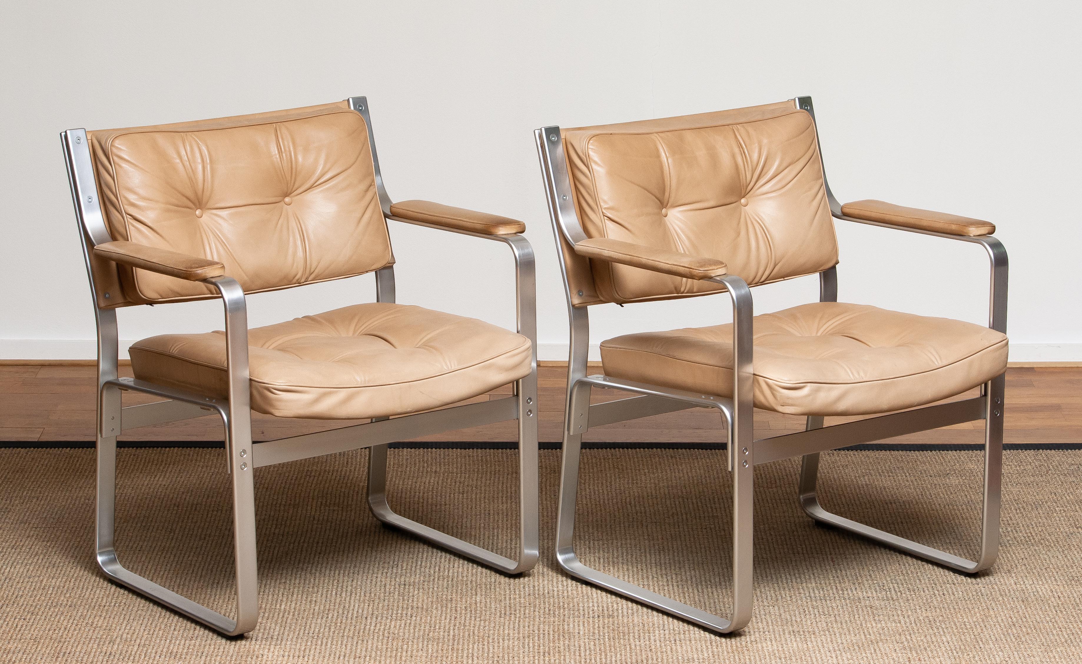 1960s, Pair 'Mondo' Arm Club Chairs in Beige Leather by Karl Erik Ekselius JOC 1