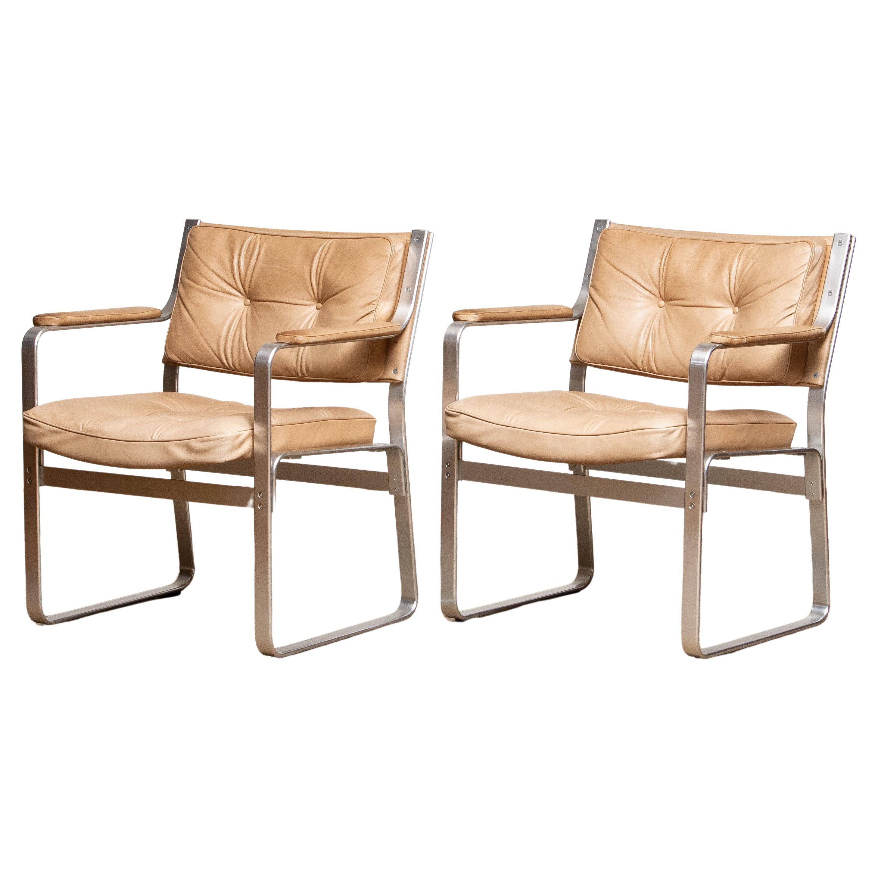 1960s, Pair 'Mondo' Arm Club Chairs in Beige Leather by Karl Erik Ekselius JOC