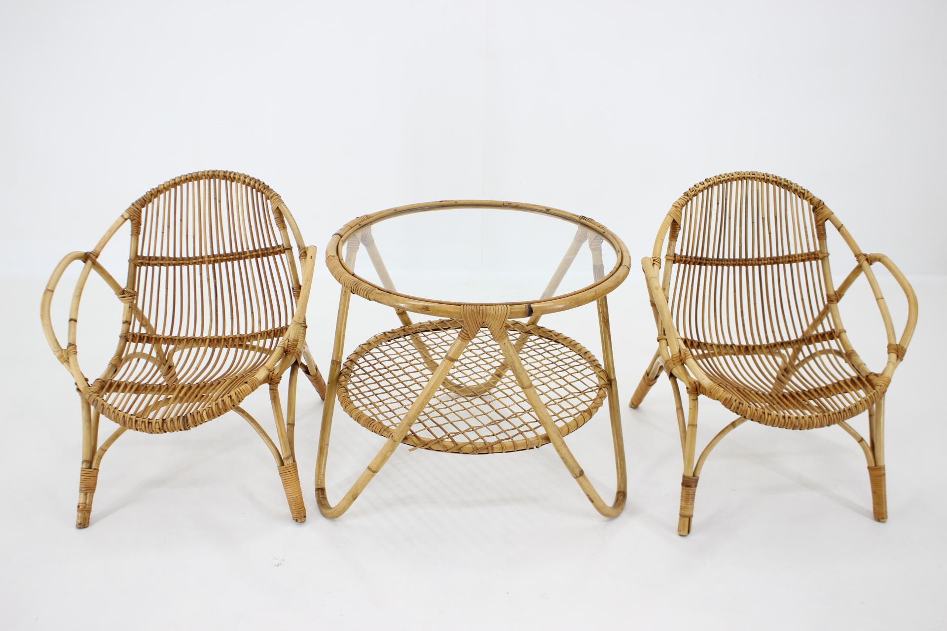 Mid-Century Modern 1960s Pair of Alan Fuchs Rattan Lounge Chairs and Coffee Table, Czechoslovakia For Sale