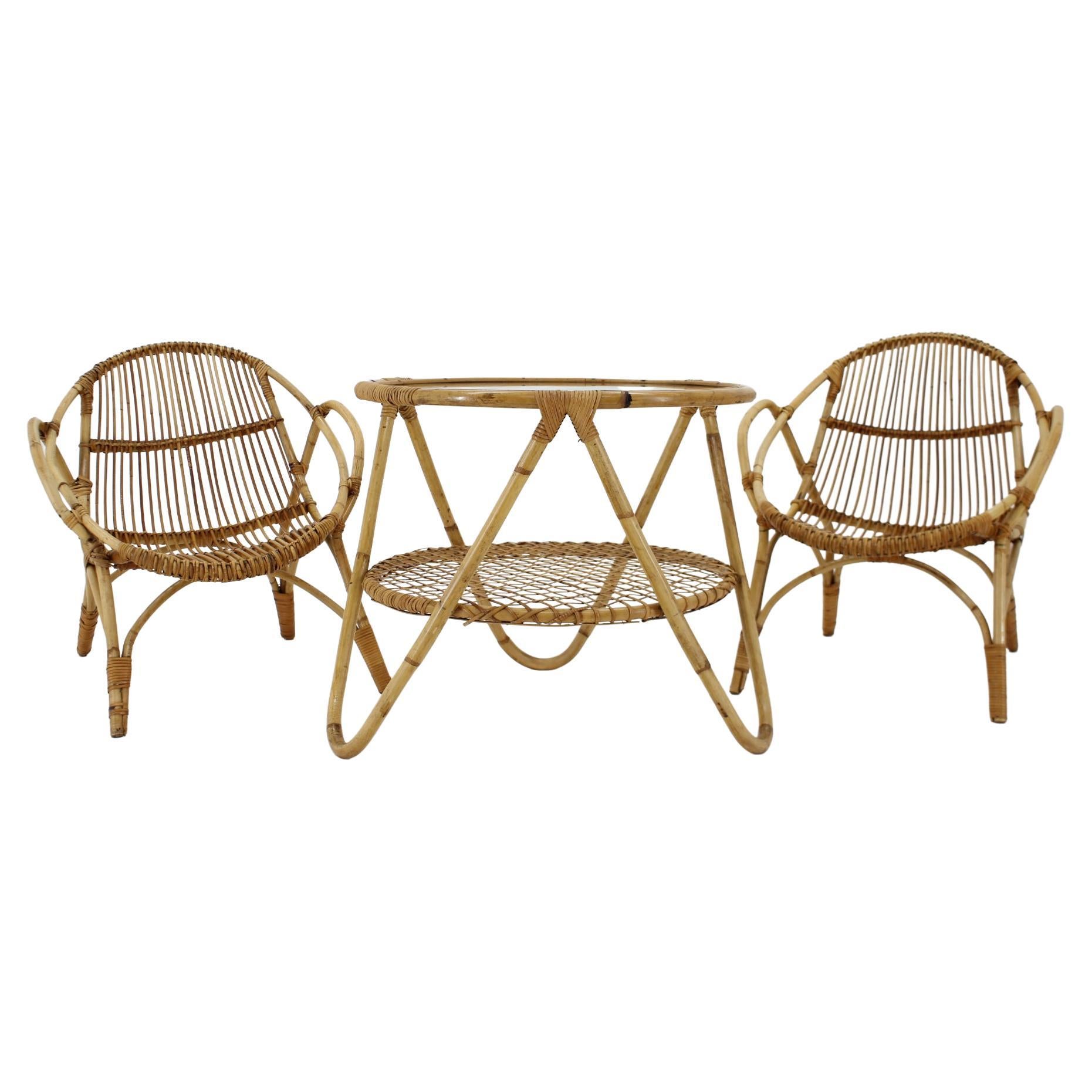 1960s Pair of Alan Fuchs Rattan Lounge Chairs and Coffee Table, Czechoslovakia For Sale