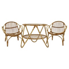 1960s Pair of Alan Fuchs Rattan Lounge Chairs and Coffee Table, Czechoslovakia