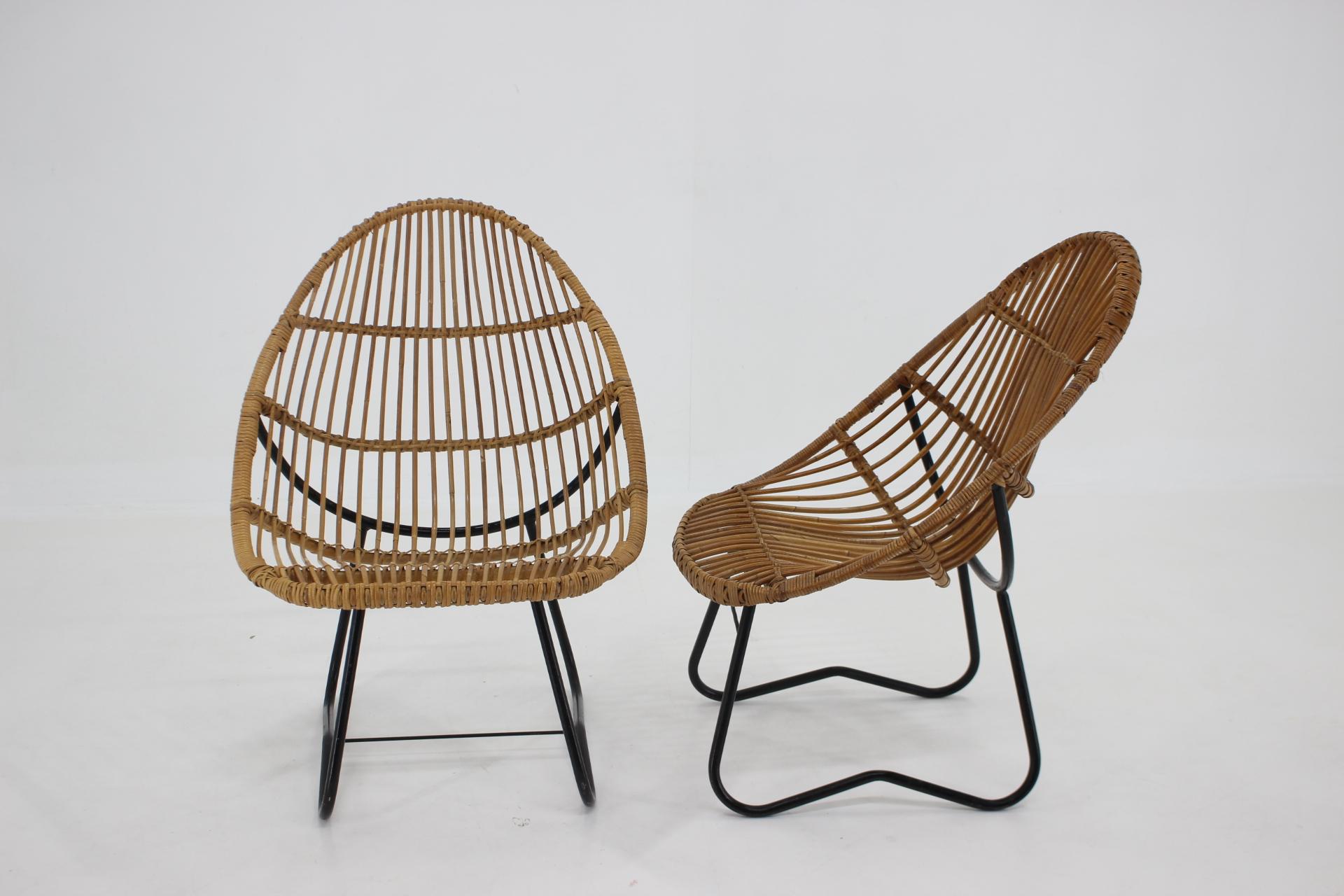 Mid-Century Modern 1960s Pair of Alan Fuchs Rattan Lounge Chairs by Uluv, Czechoslovakia For Sale