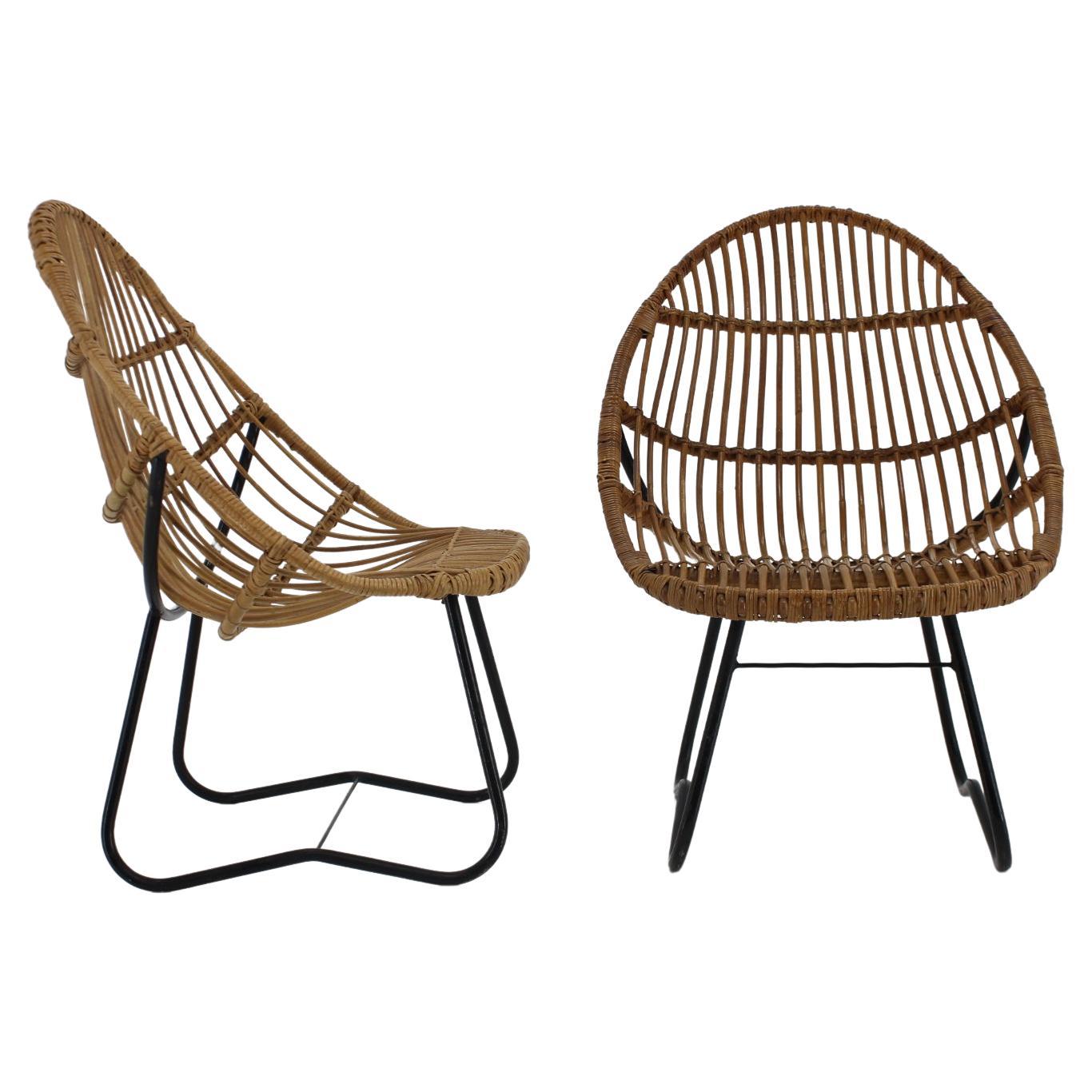 1960s Pair of Alan Fuchs Rattan Lounge Chairs by Uluv, Czechoslovakia For Sale
