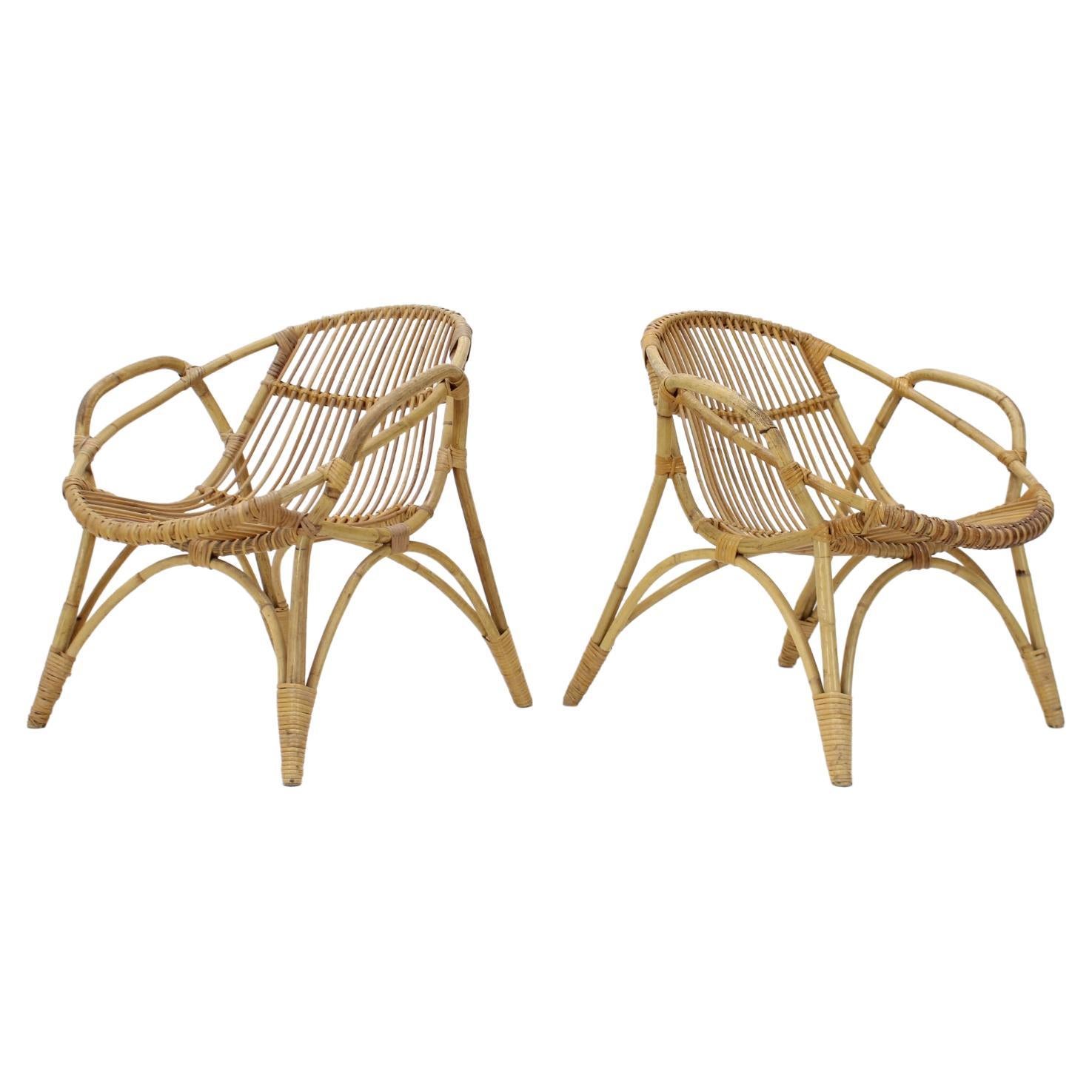 1960s Pair of Alan Fuchs Rattan Lounge Chairs, Czechoslovakia