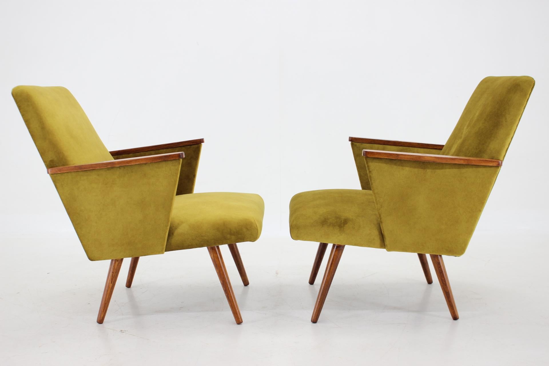 - newly upholstered in mustard color fabric 
- beech wooden parts have been refurbished.