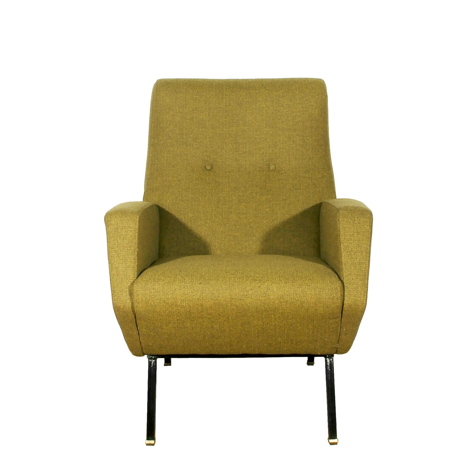 Italian Pair of Mid-Century Modern Armchairs in New Mottled Yellow Fabric - Italy, 1960s For Sale
