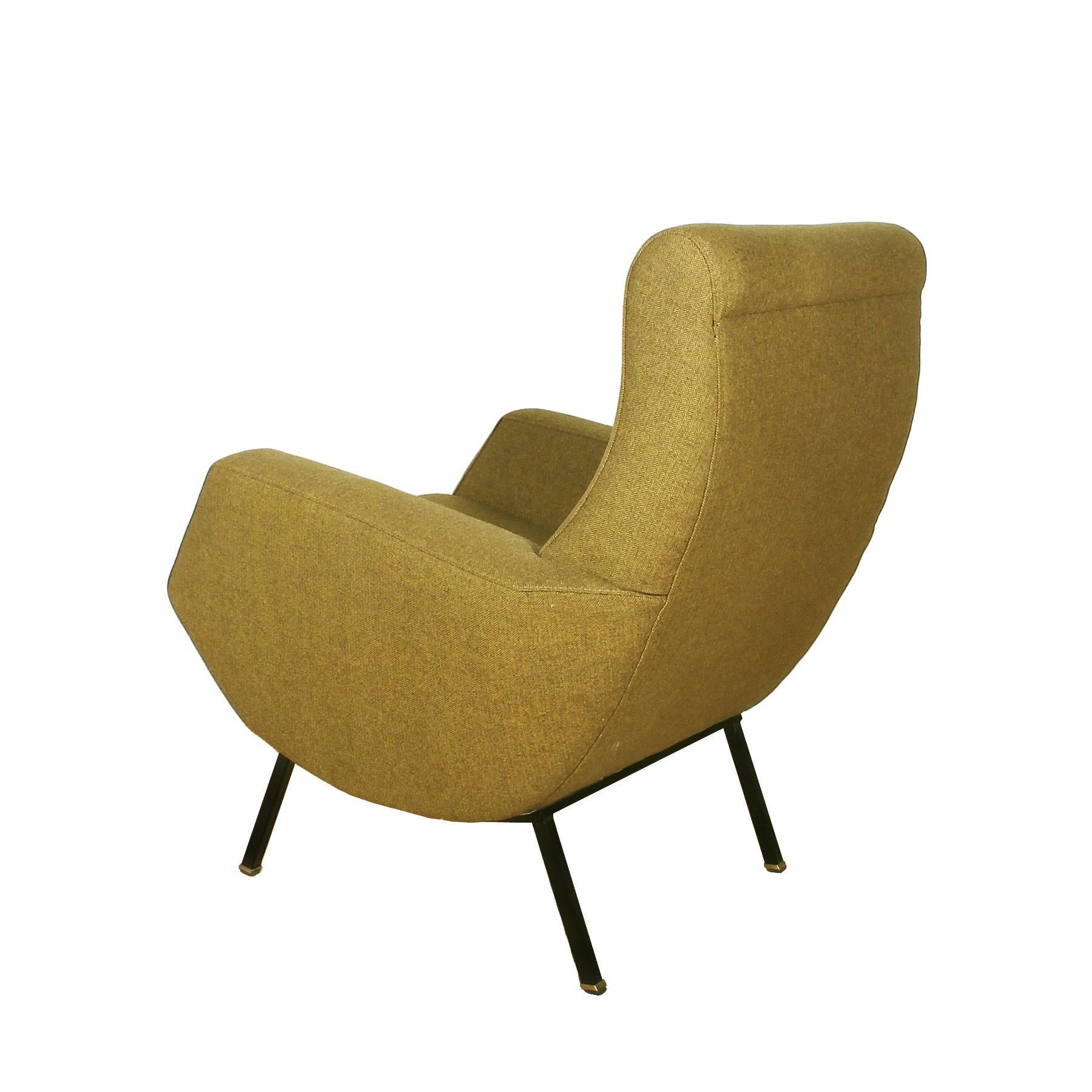 Brass Pair of Mid-Century Modern Armchairs in New Mottled Yellow Fabric - Italy, 1960s For Sale