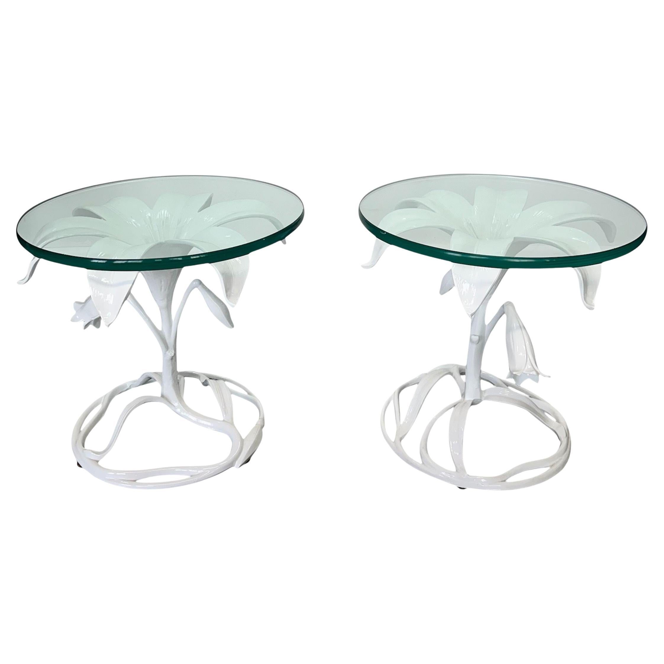 1960s Pair of Arthur Court Style Metal Lily Side Table in Beautiful White