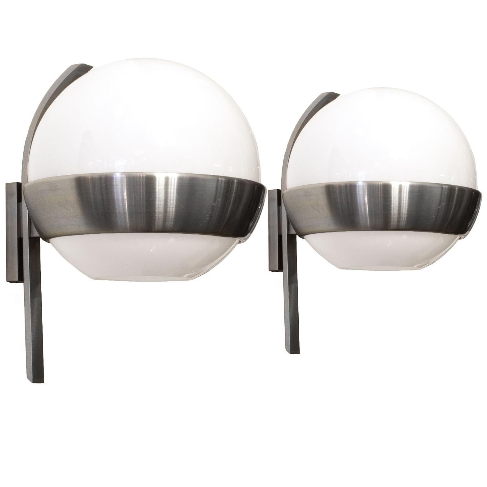 1960s Pair of Big Rounded Wall Lights, Nickel-Plated Brass and Opaline by Lumi