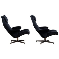 1960s Pair of Black Velvet Contourett Ronto Swivel Chairs by Alf Svenson for DUX