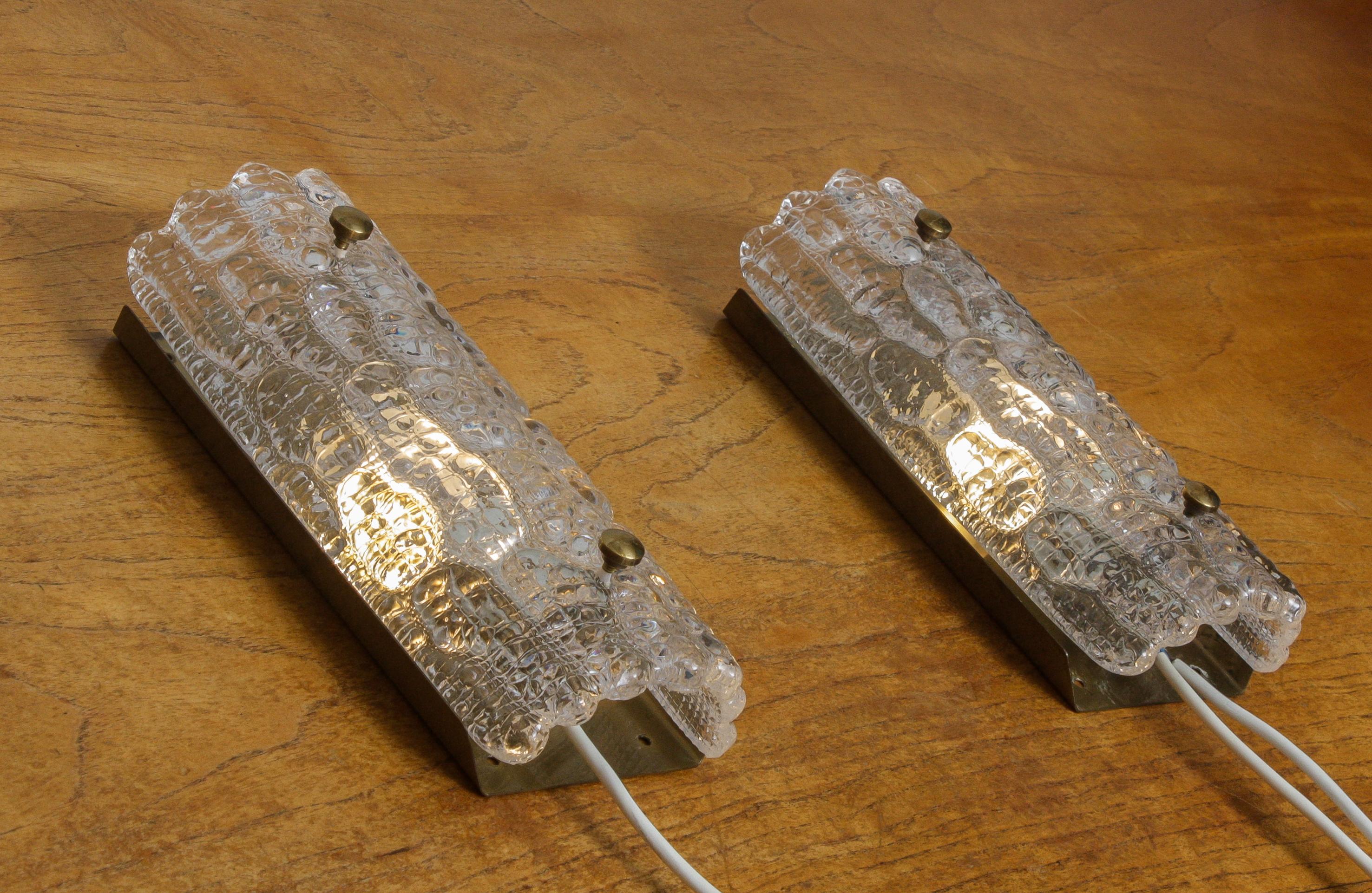 Swedish 1960s, Pair of Brass and Crystal Scones by Carl Fagerlund for Orrefors, Sweden