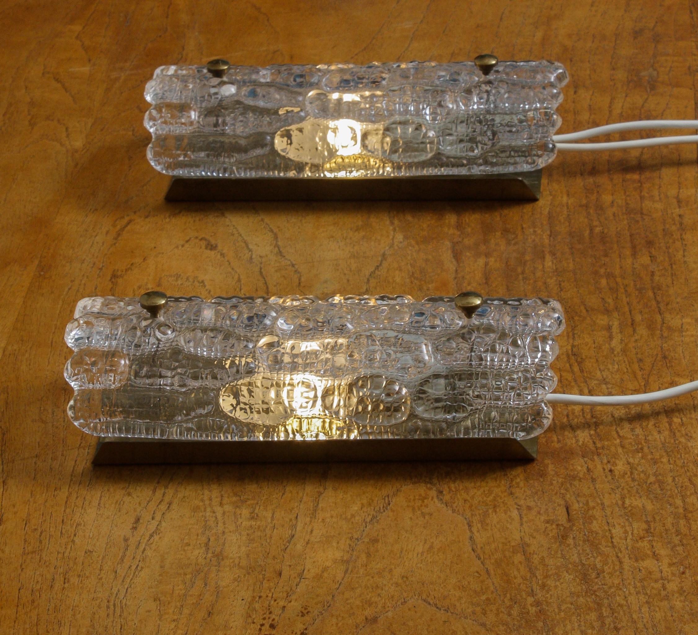 Mid-20th Century 1960s, Pair of Brass and Crystal Scones by Carl Fagerlund for Orrefors, Sweden