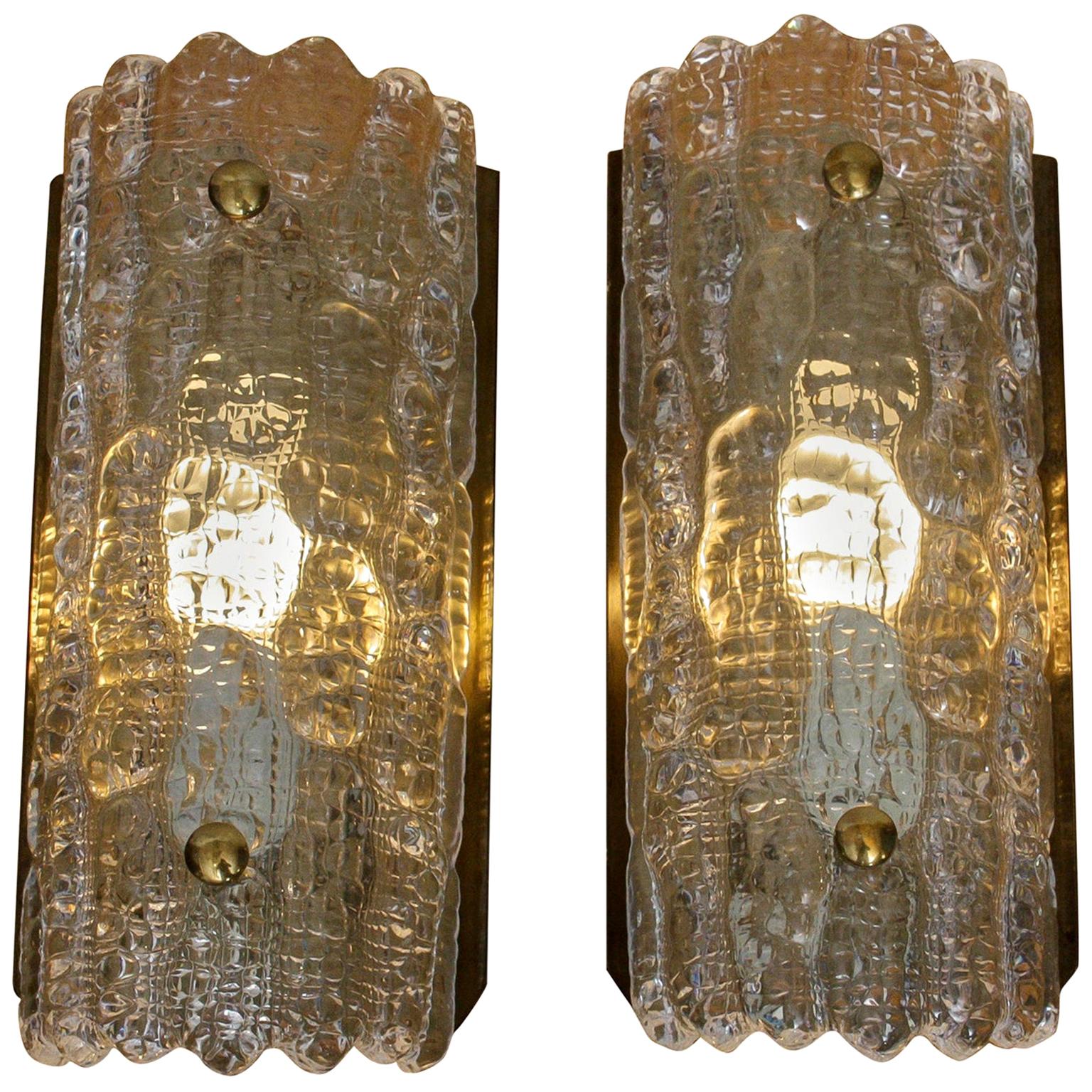 1960s, Pair of Brass and Crystal Scones by Carl Fagerlund for Orrefors, Sweden