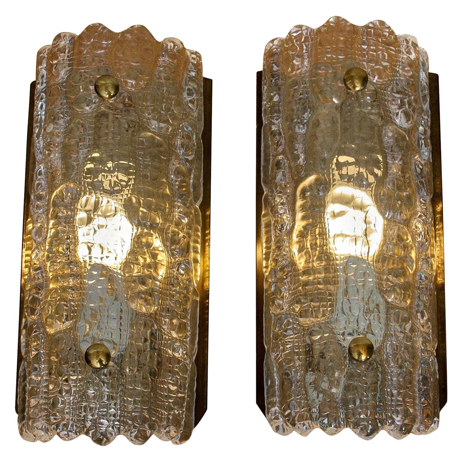 1960s, Pair of Brass and Crystal Scones by Carl Fagerlund for Orrefors, Sweden