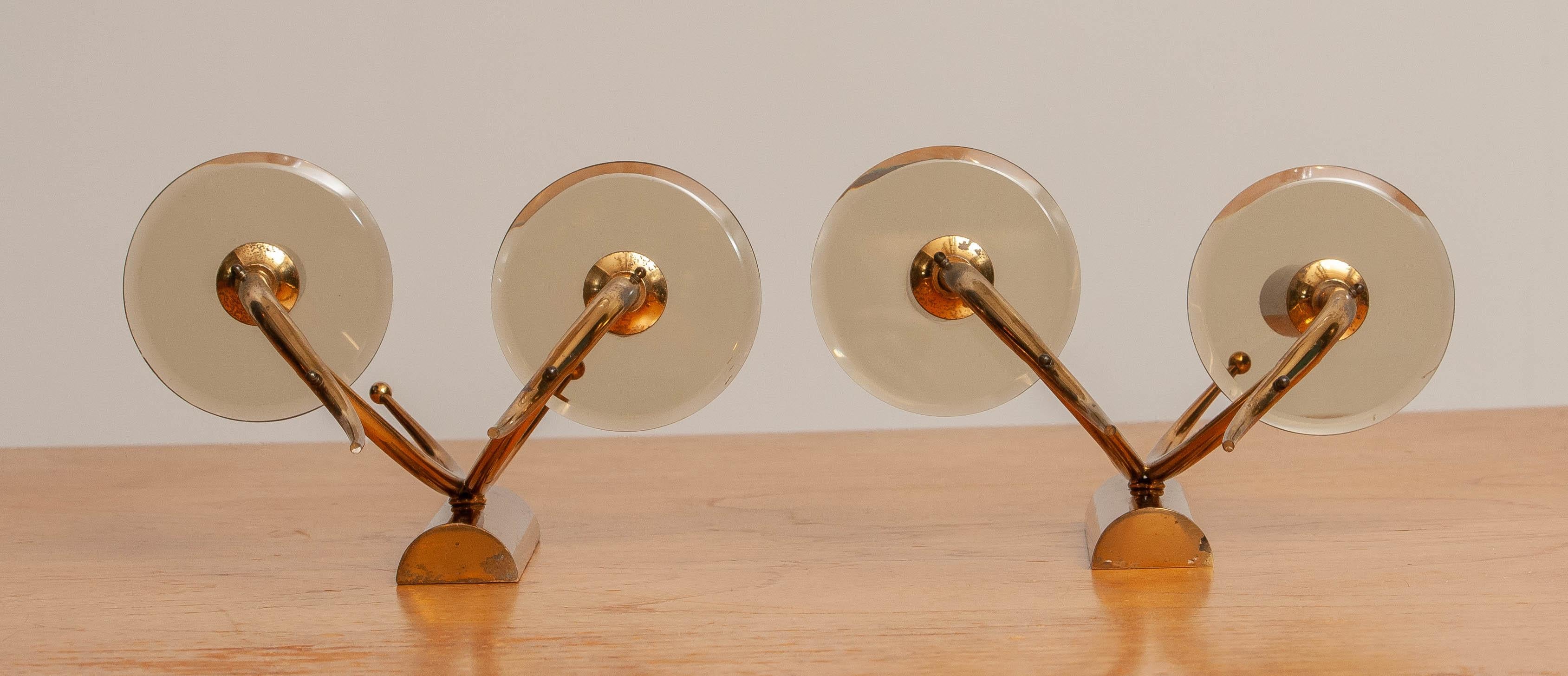 Italian 1960s, Pair of Brass and Smoked Glass Wall Lights, Italy