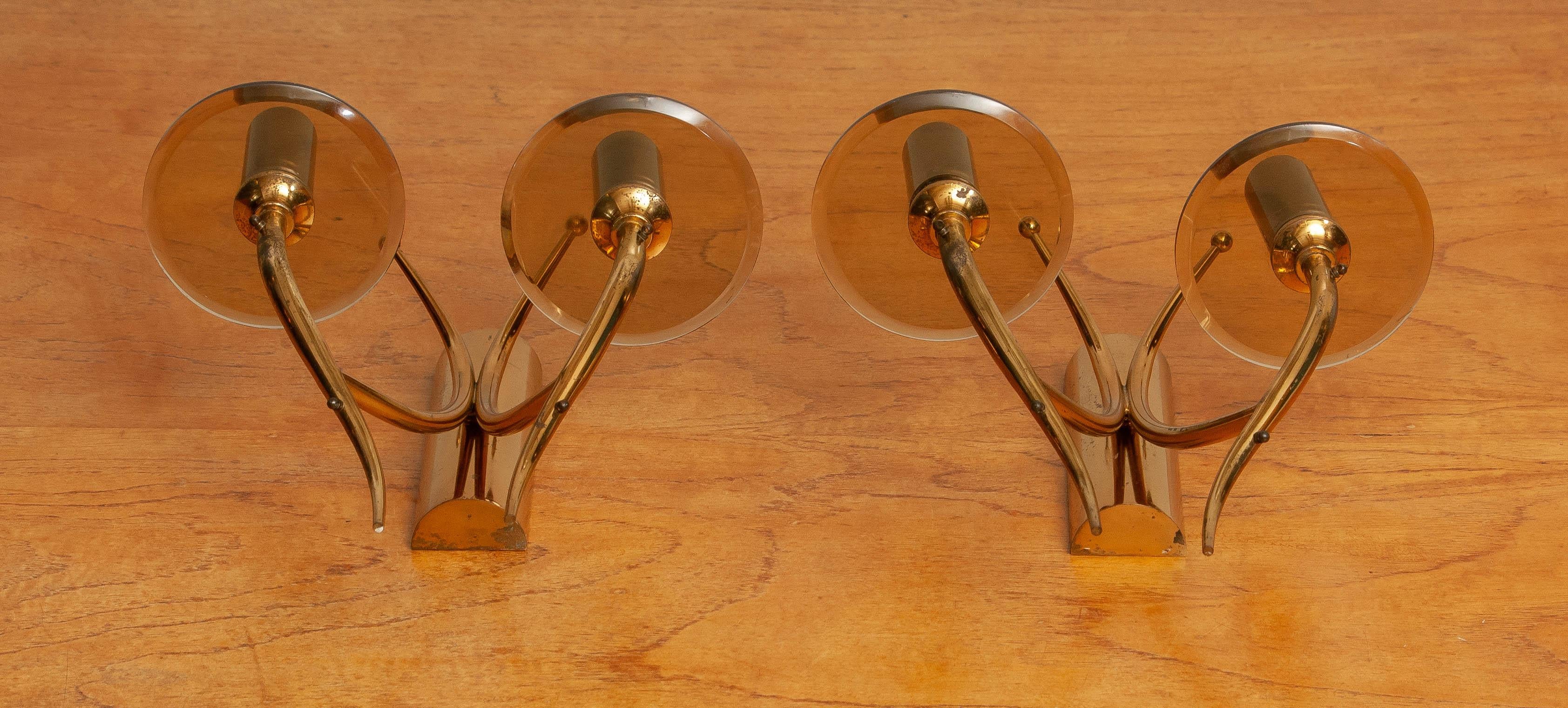 1960s, Pair of Brass and Smoked Glass Wall Lights, Italy In Fair Condition In Silvolde, Gelderland