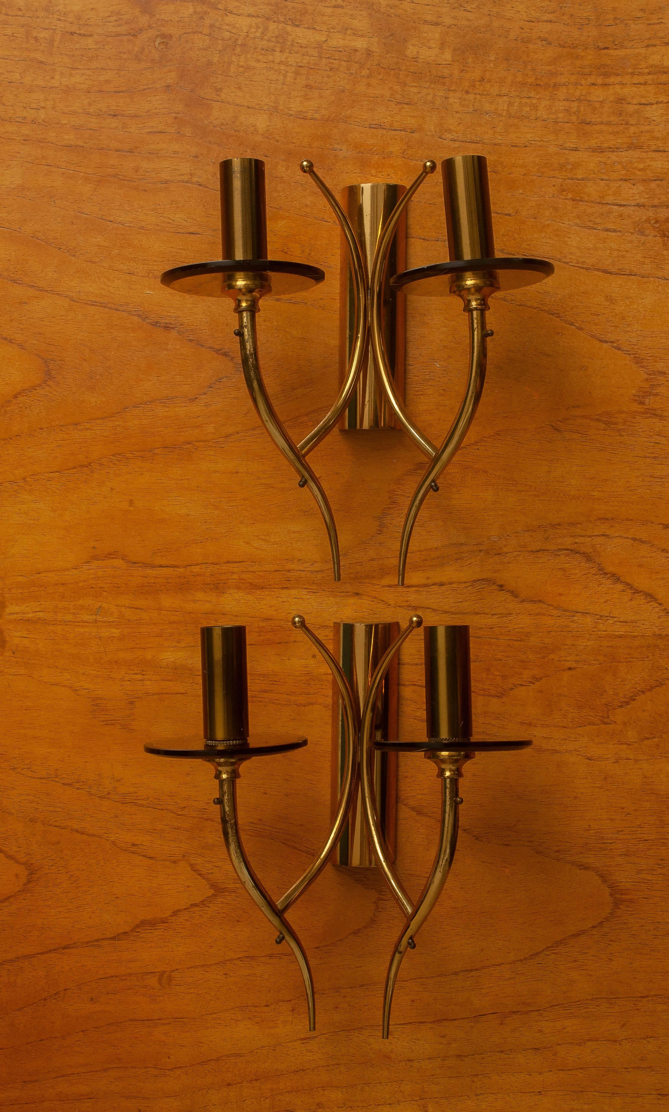 Mid-20th Century 1960s, Pair of Brass and Smoked Glass Wall Lights, Italy