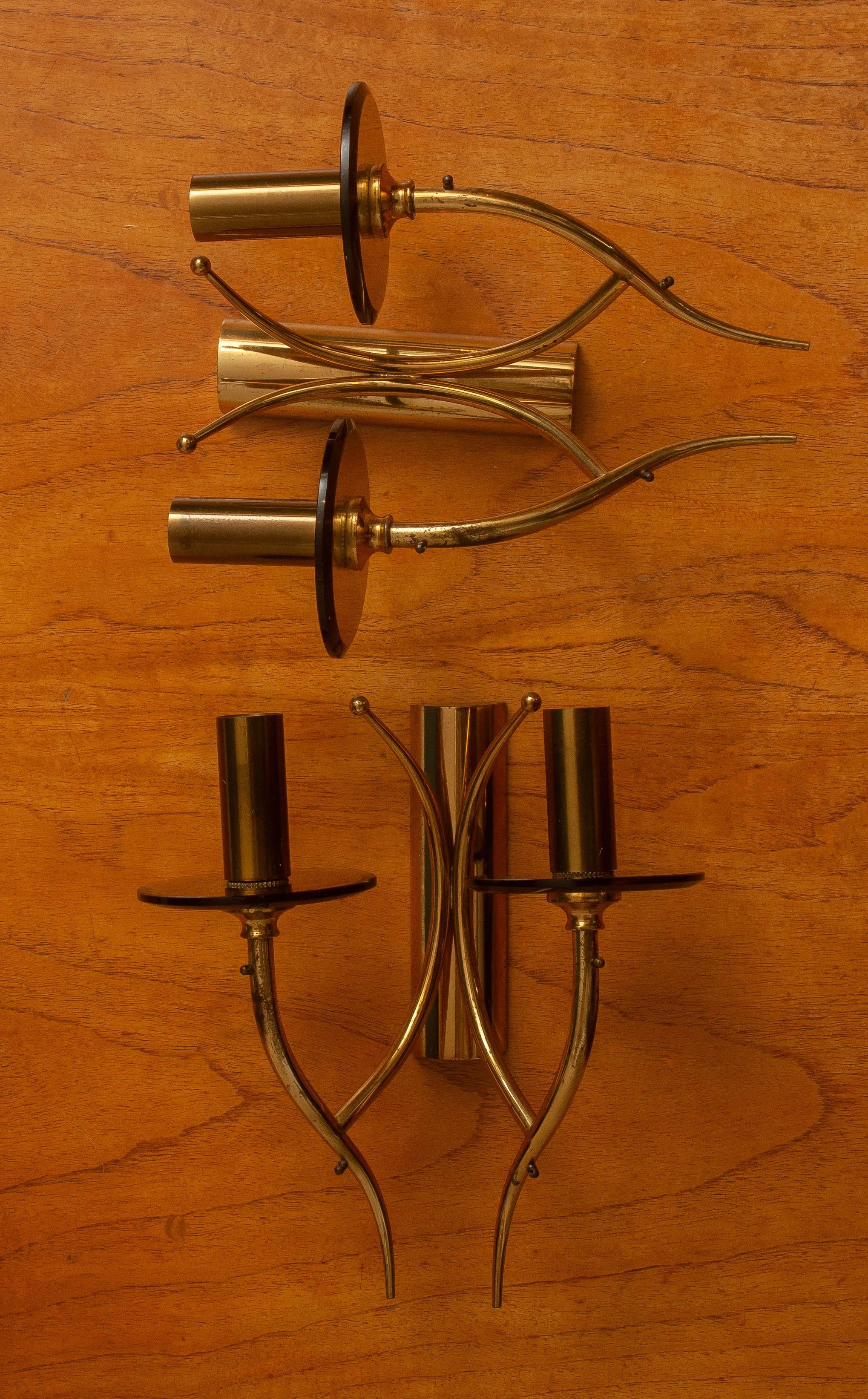 1960s, Pair of Brass and Smoked Glass Wall Lights, Italy 1