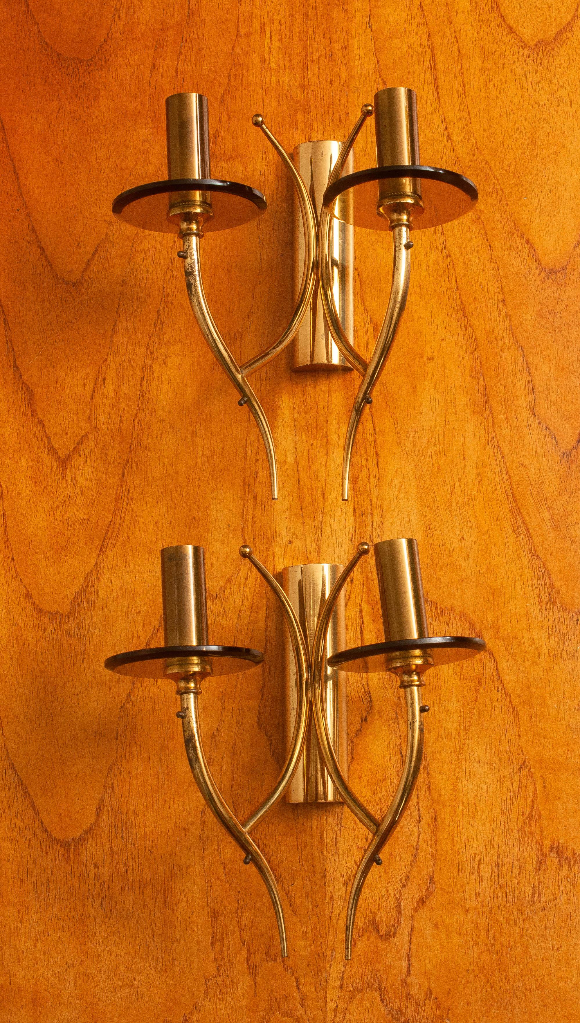 1960s, Pair of Brass and Smoked Glass Wall Lights, Italy 2