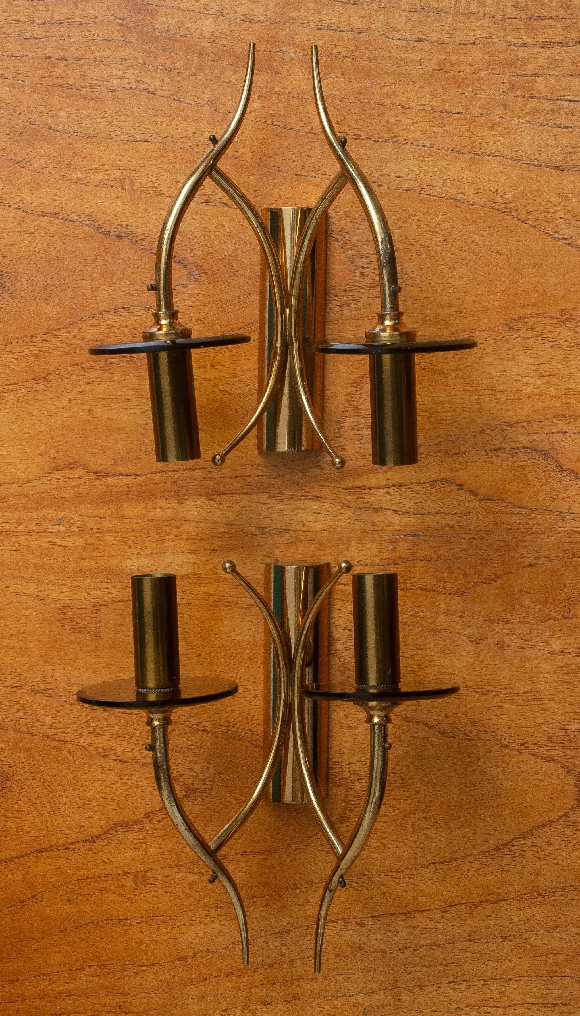 1960s, Pair of Brass and Smoked Glass Wall Lights, Italy 3