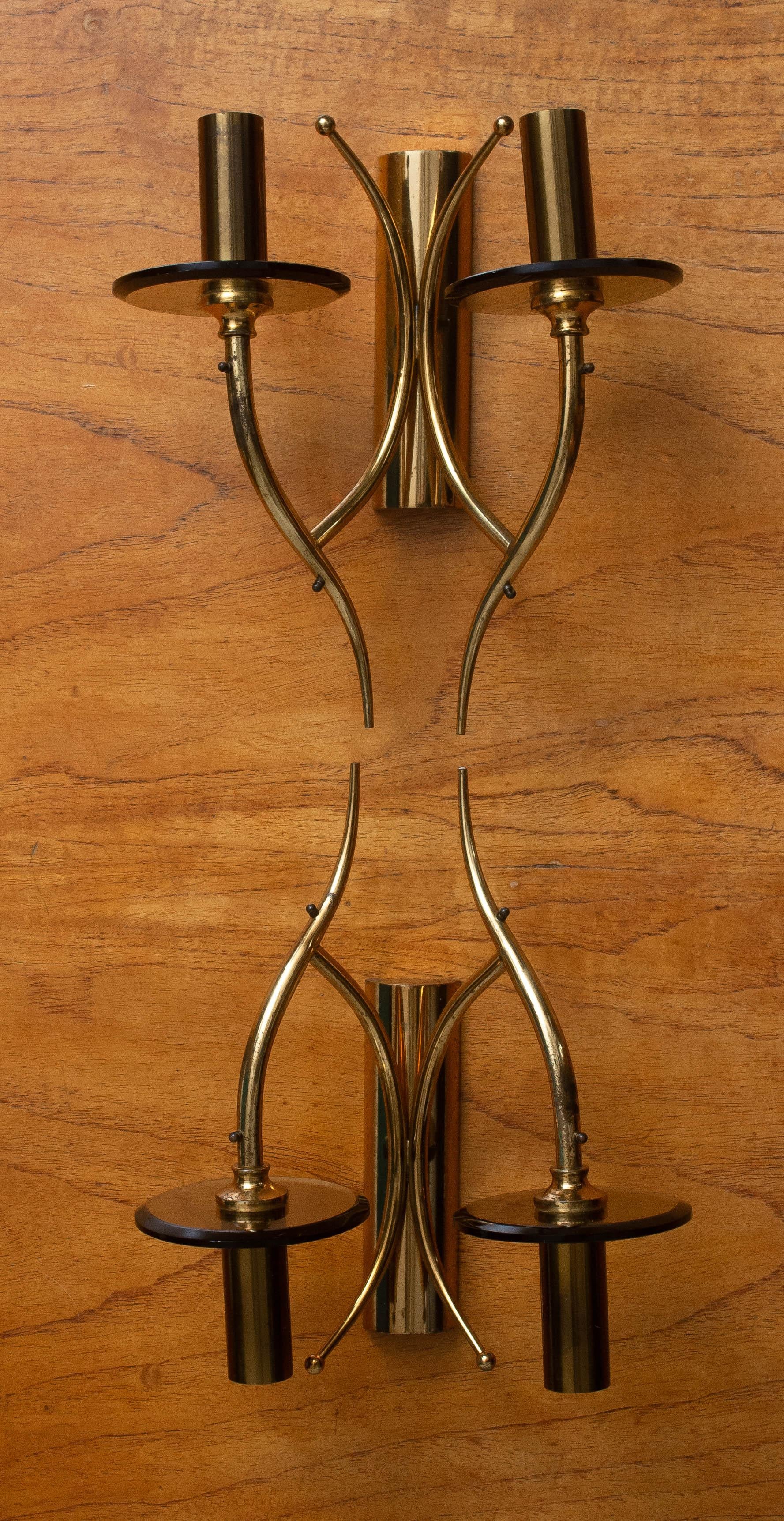 1960s, Pair of Brass and Smoked Glass Wall Lights, Italy 4