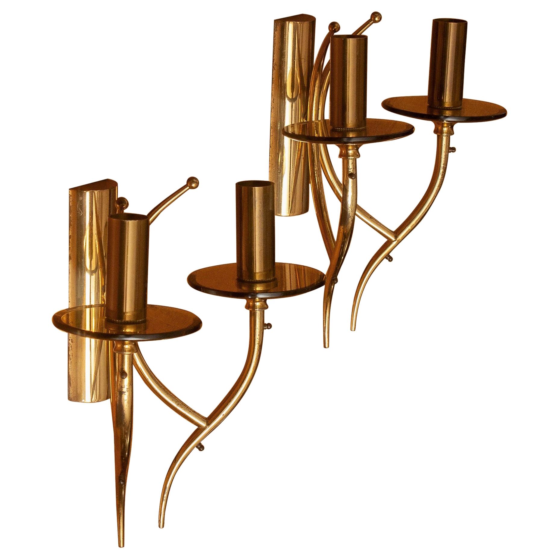 1960s, Pair of Brass and Smoked Glass Wall Lights, Italy