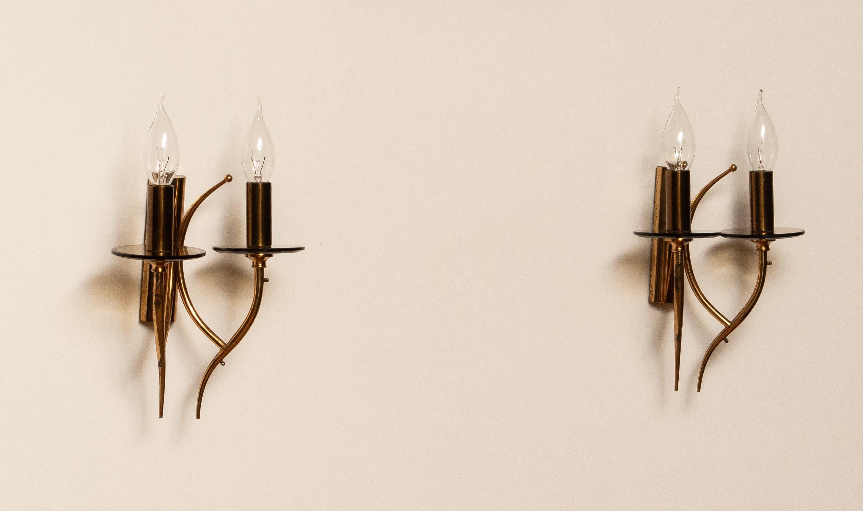 1960s, Pair of Brass and Smoked Glass Wall Lights or Scones, Italy 1