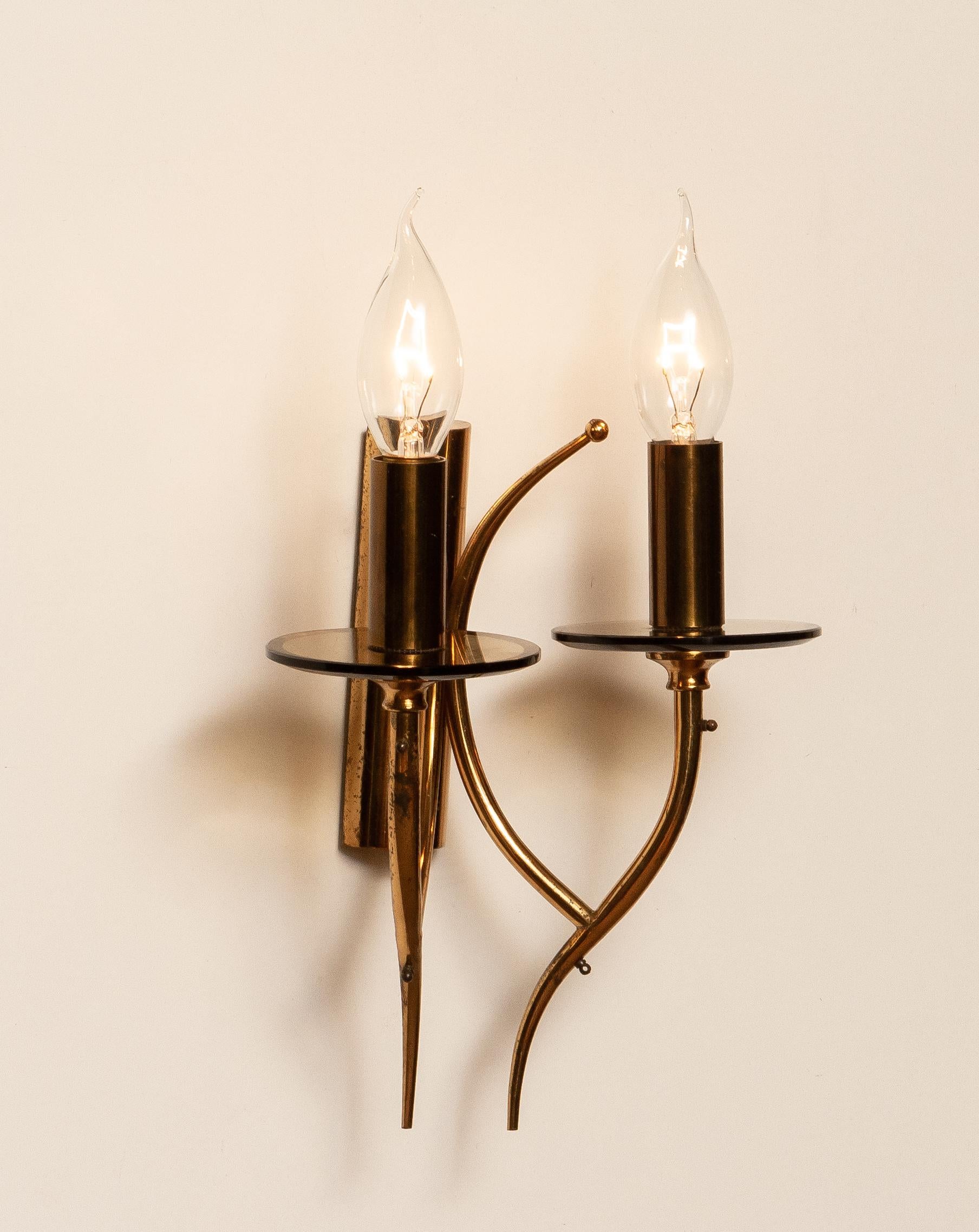 1960s, Pair of Brass and Smoked Glass Wall Lights or Scones, Italy 2