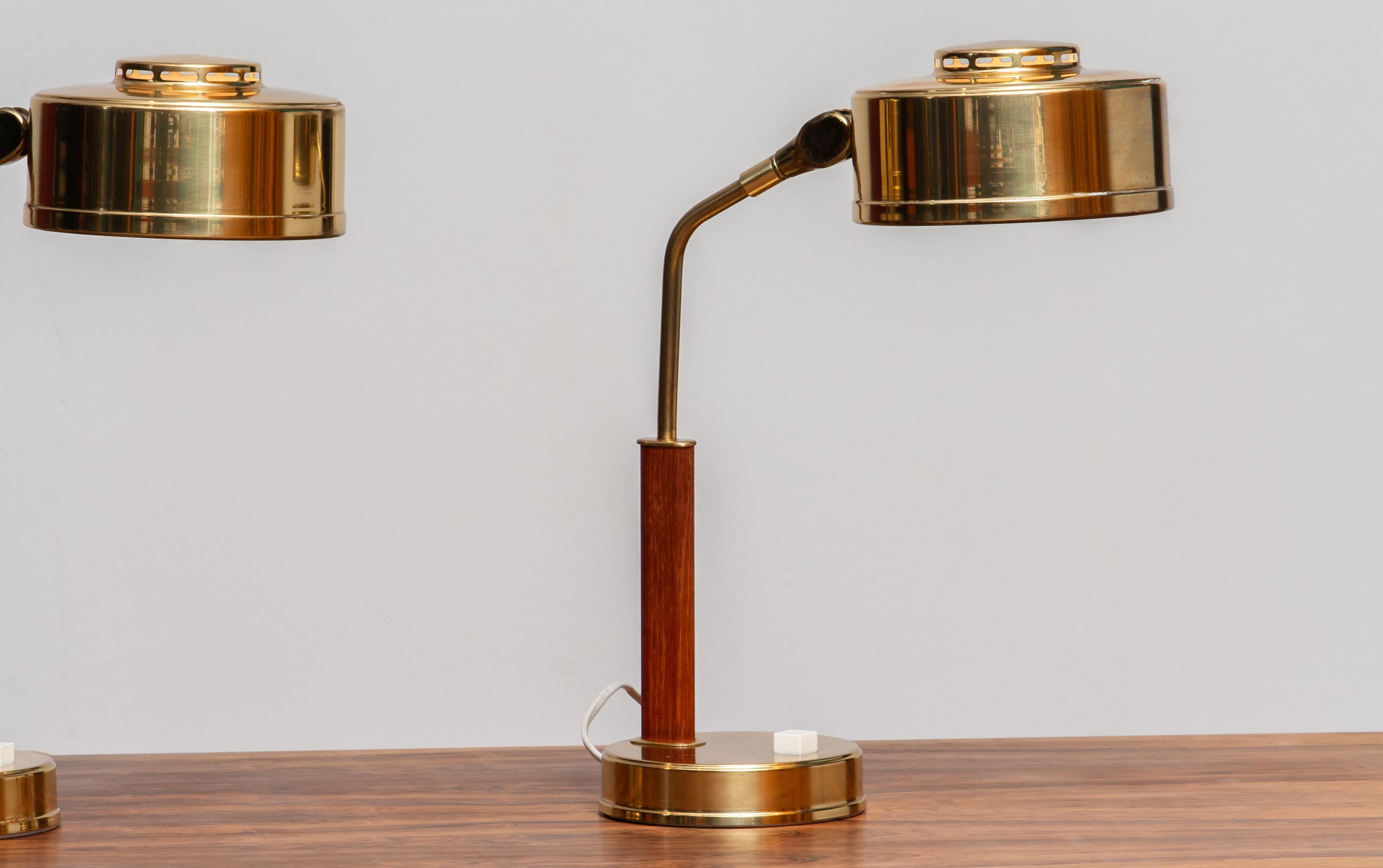Mid-Century Modern 1960s, Pair of Brass and Teak Table / Desk Lamps by Bjs Skellefteå, Sweden