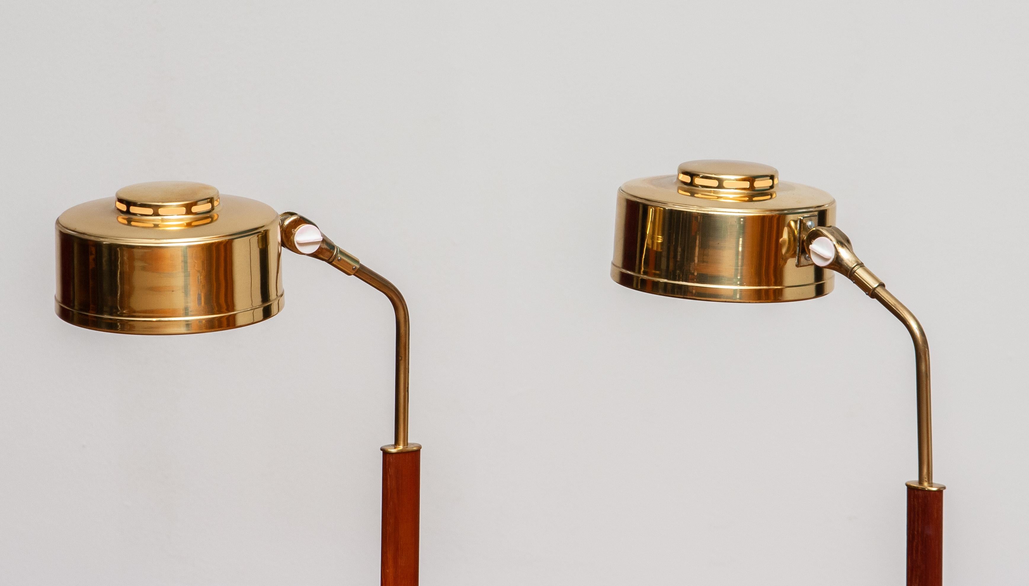 1960s, Pair of Brass and Teak Table / Desk Lamps by Bjs Skellefteå, Sweden 1