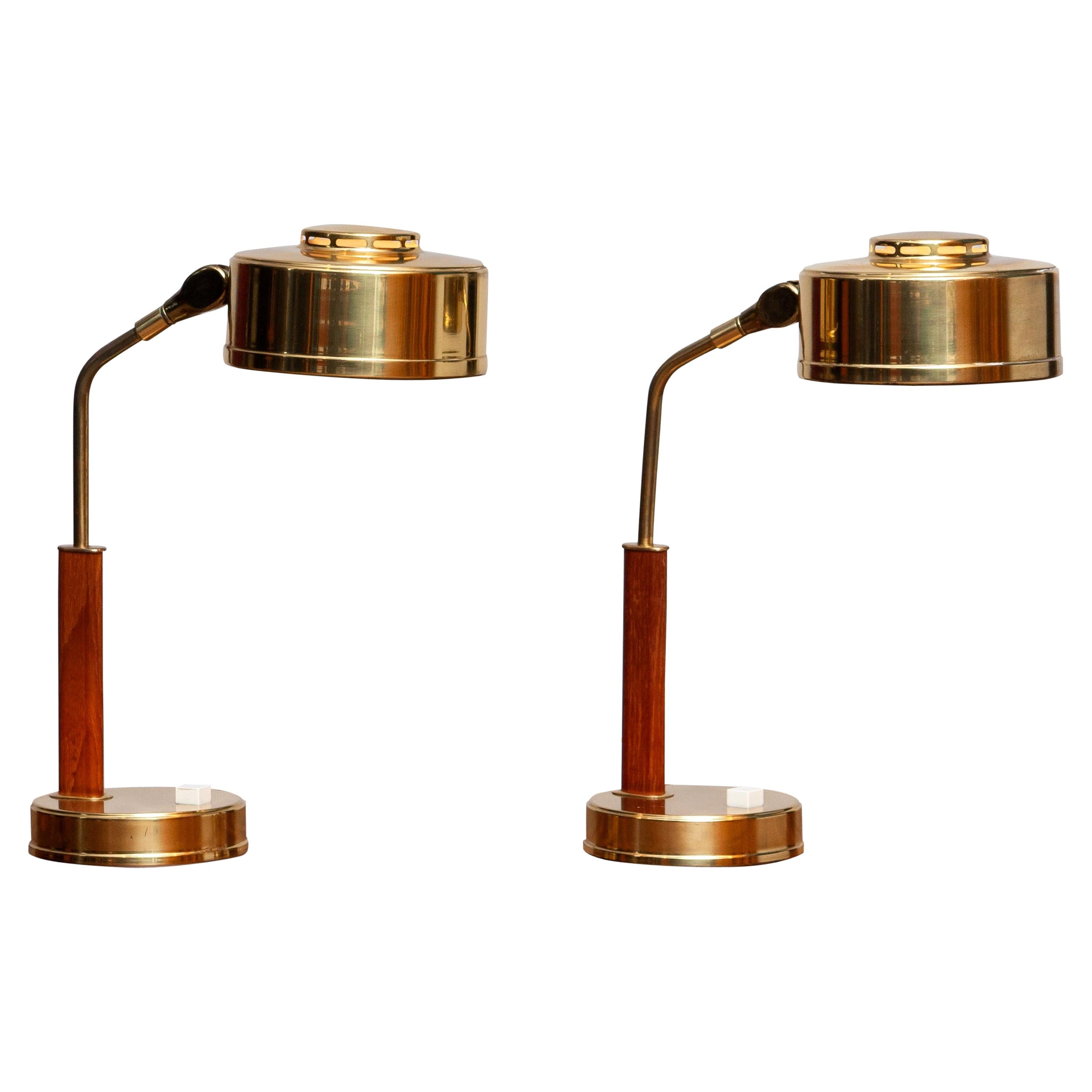 1960s, Pair of Brass and Teak Table / Desk Lamps by Bjs Skellefteå, Sweden