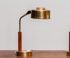 1960s, Pair of Brass and Teak Table or Desk Lamps by Bjs Skellefteå, Sweden