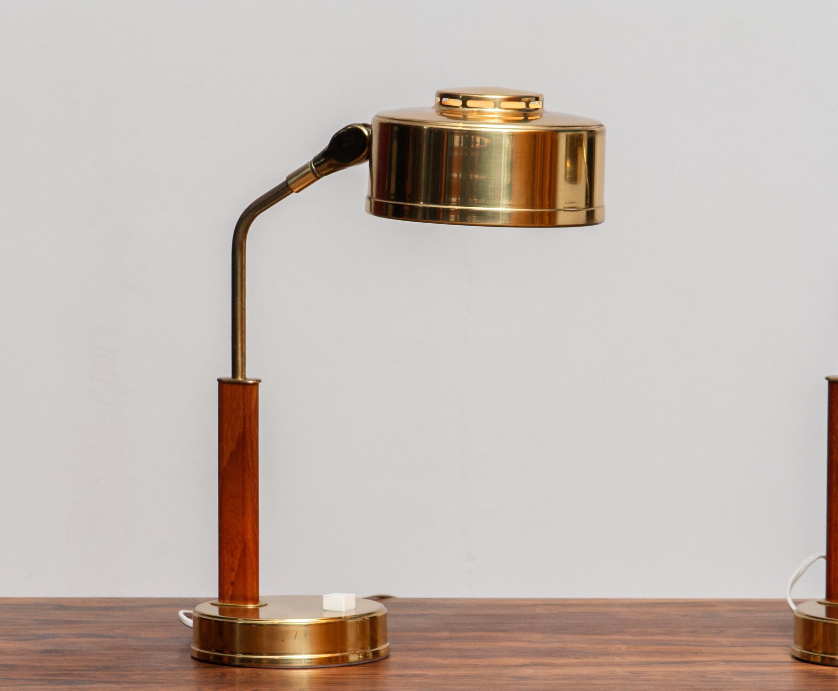 Swedish 1960s, Pair of Brass and Teak Table or Desk Lamps by BJS Skellefteå, Sweden