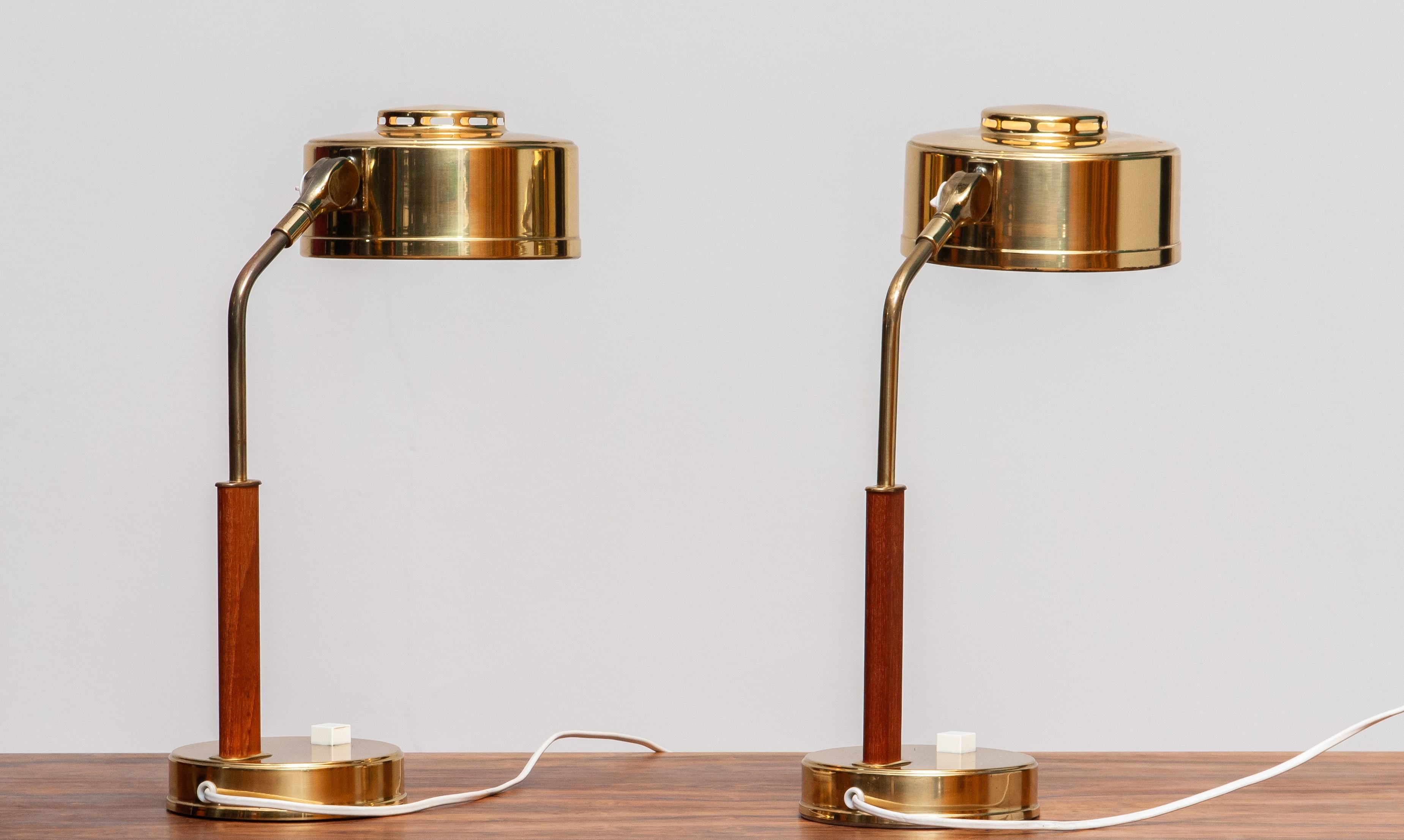Mid-20th Century 1960s, Pair of Brass and Teak Table or Desk Lamps by Bjs Skellefteå, Sweden