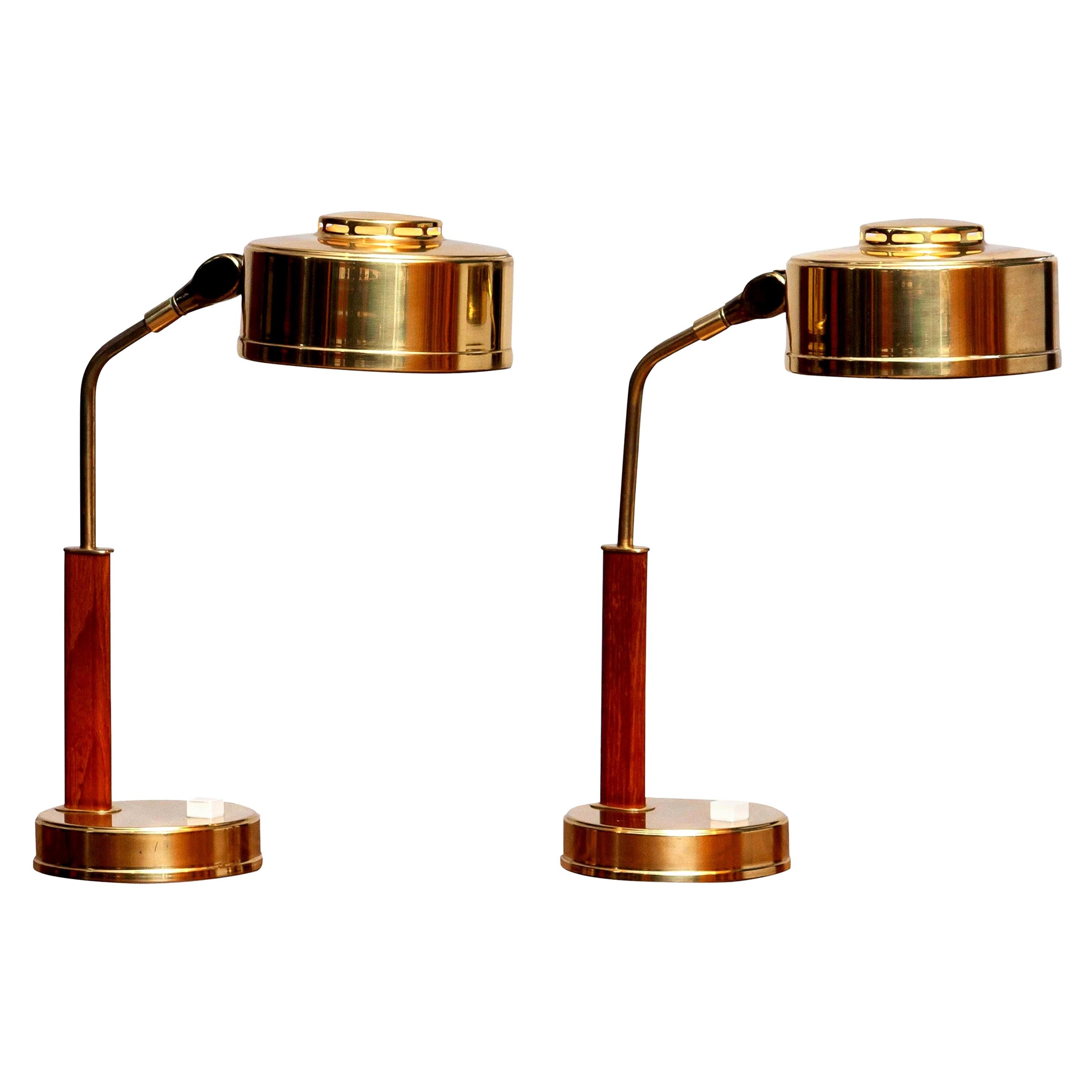 1960s, Pair of Brass and Teak Table or Desk Lamps by BJS Skellefteå, Sweden