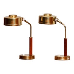 1960s, Pair of Brass and Teak Table or Desk Lamps by BJS Skellefteå, Sweden