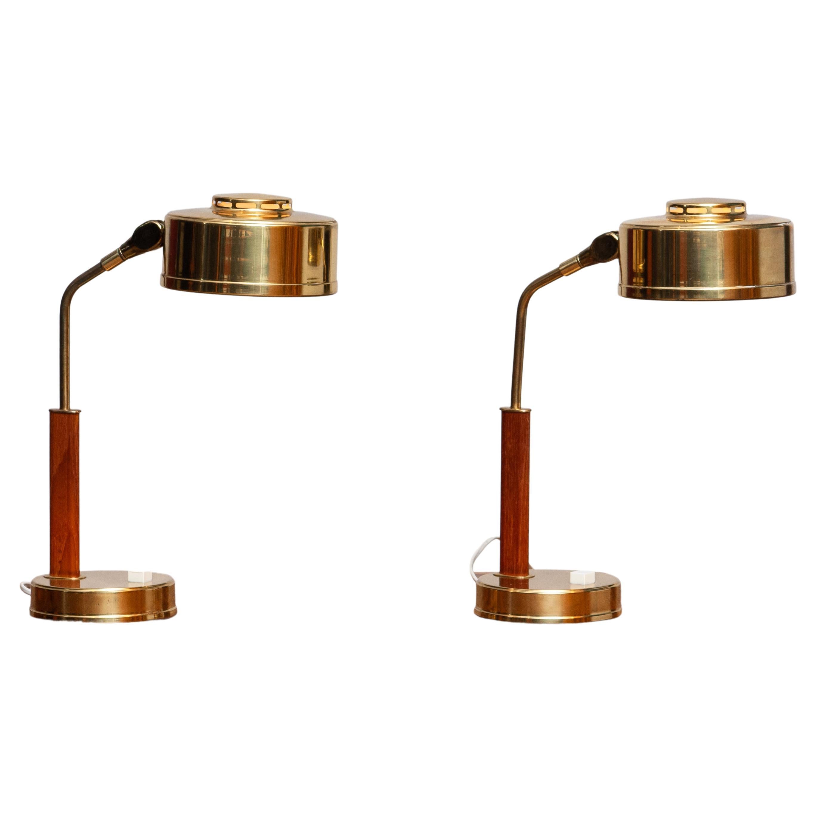1960s, Pair of Brass and Teak Table or Desk Lamps by Bjs Skellefteå, Sweden