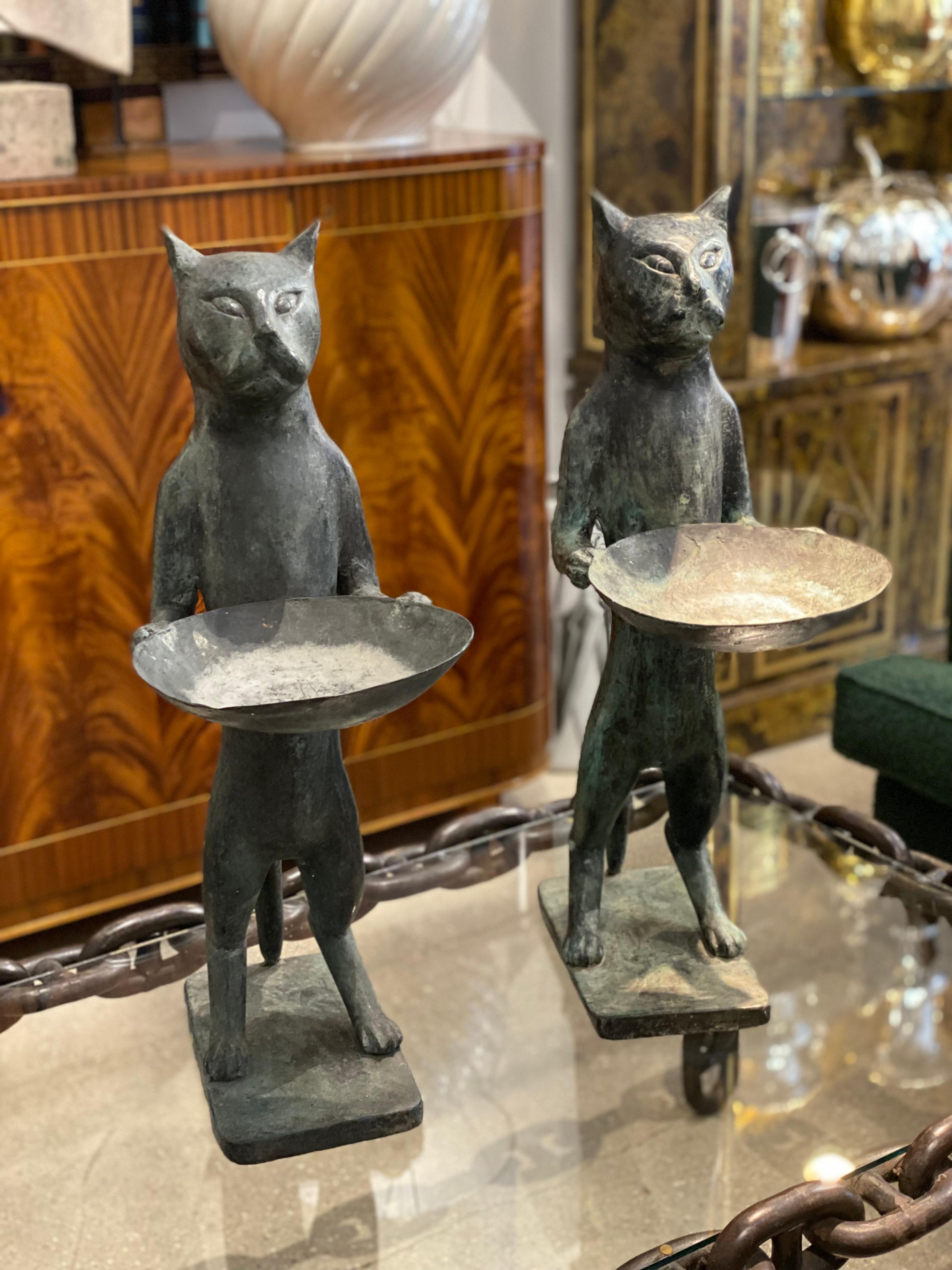 1960s Pair of Bronze Bird Baths Cat Statues in the Style of Diego Giacometti, En 6