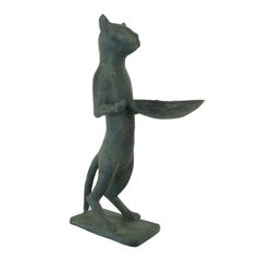 1960s Pair of Bronze Bird Baths Cat Statues in the Style of Diego Giacometti, En