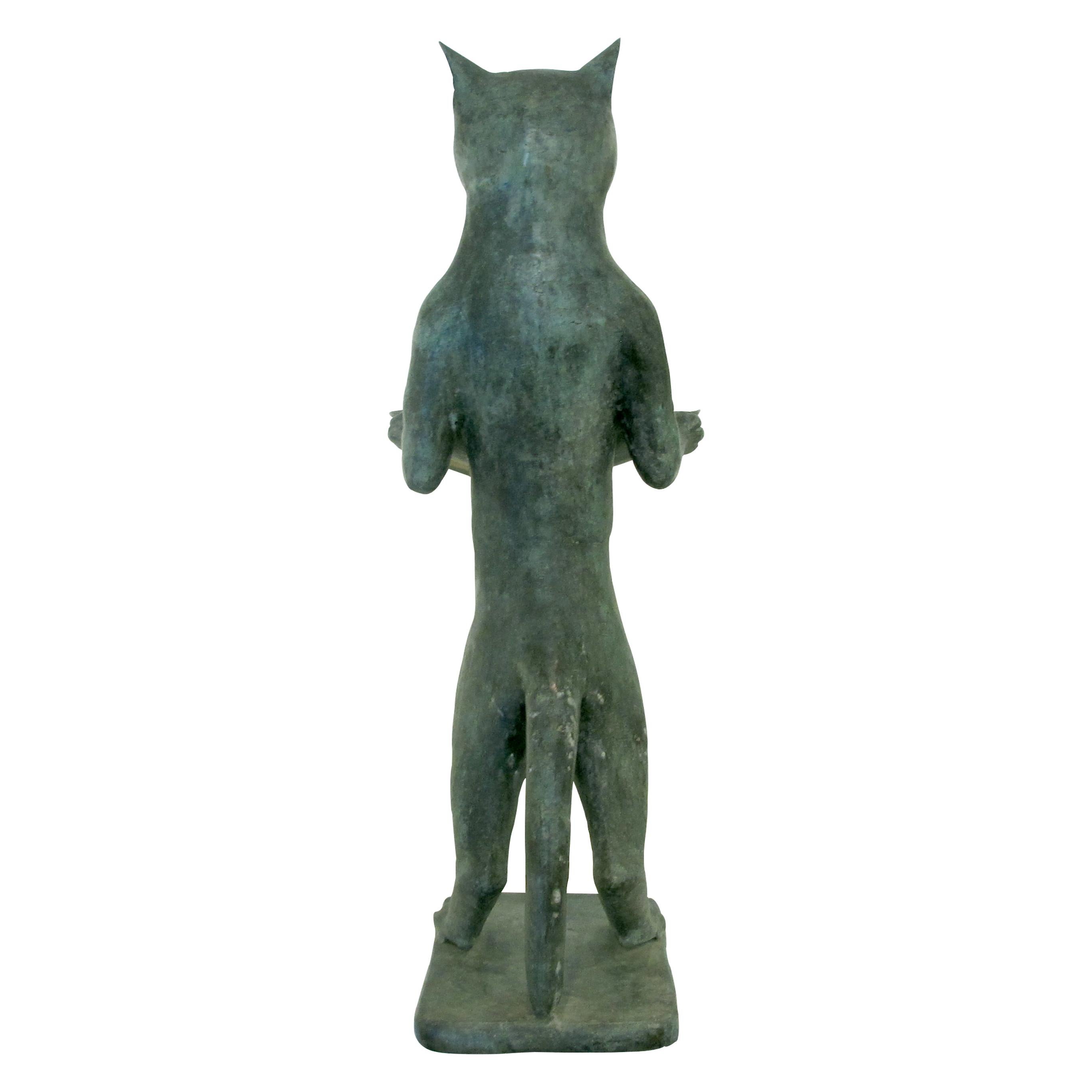 Mid-20th Century 1960s Pair of Bronze Bird Baths Cat Statues in the Style of Diego Giacometti, En