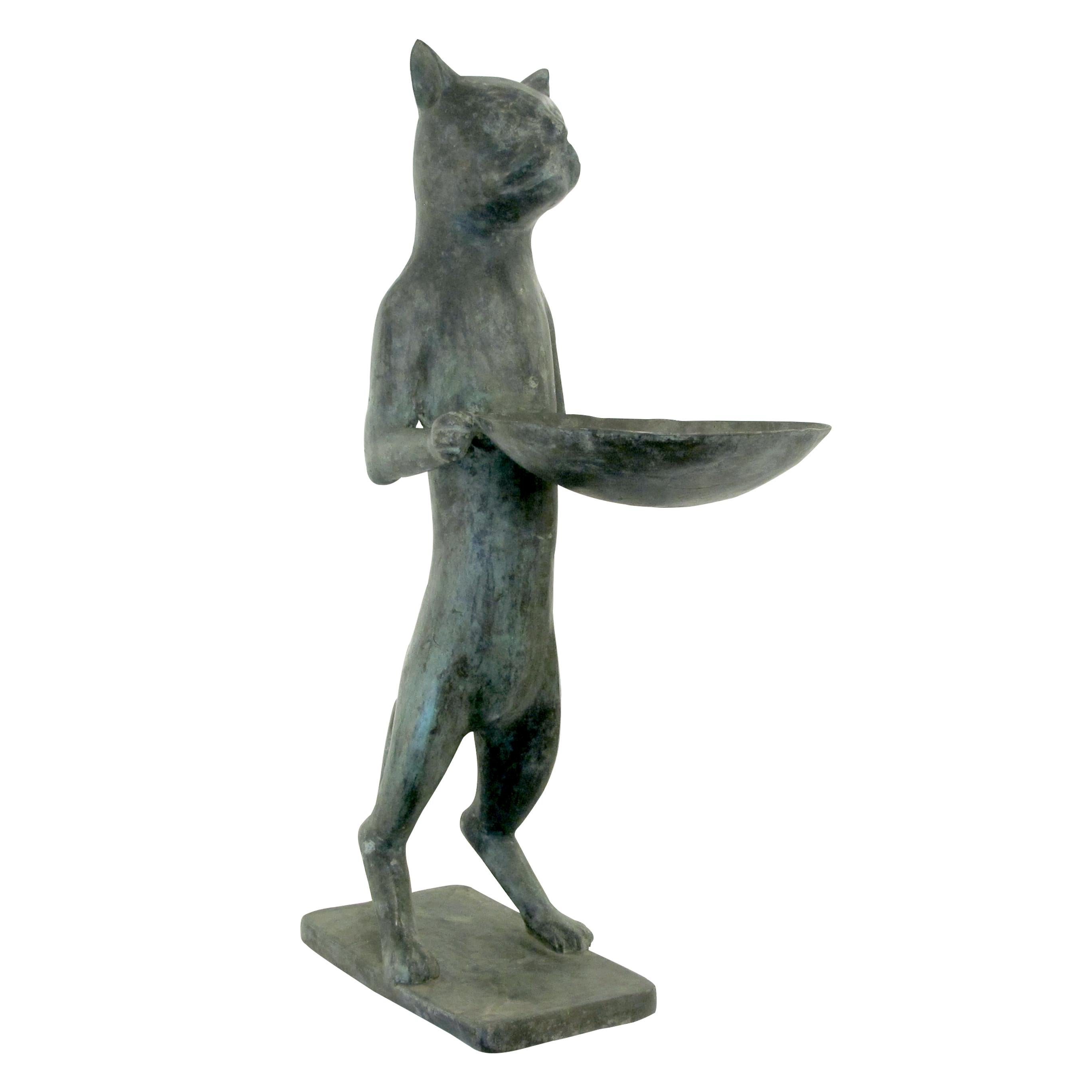1960s Pair of Bronze Bird Baths Cat Statues in the Style of Diego Giacometti, En 1