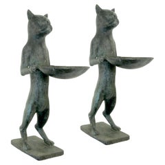 1960s Pair of Bronze Bird Baths Cat Statues in the Style of Diego Giacometti, En
