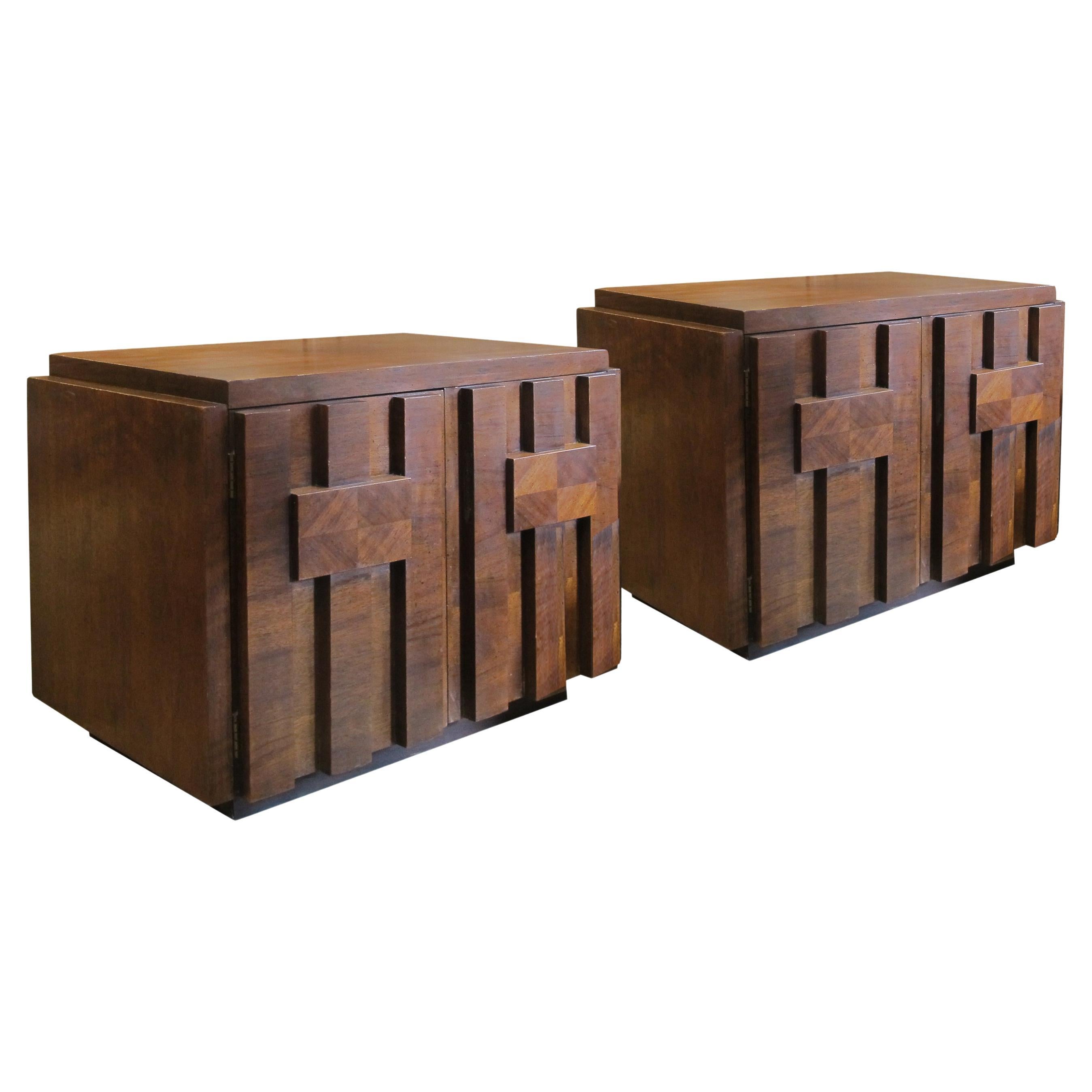 1960s Pair of “Brutalist” Walnut Staccato Paul Evan Bedside/End Tables by Lane