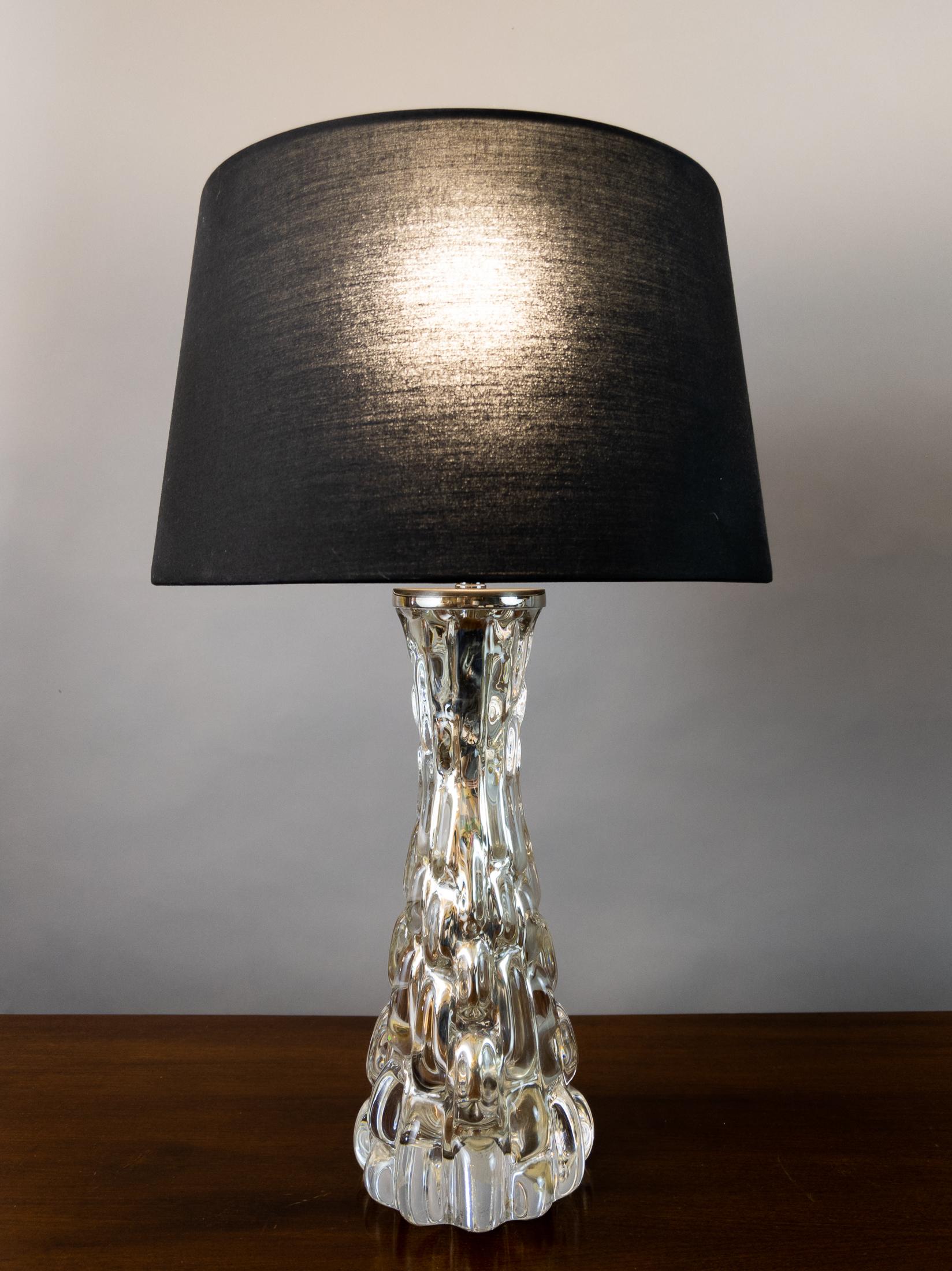 Swedish 1960s Pair of Carl Fagerlund Crocorelief Glass and Chrome Orrefors Table Lamps For Sale