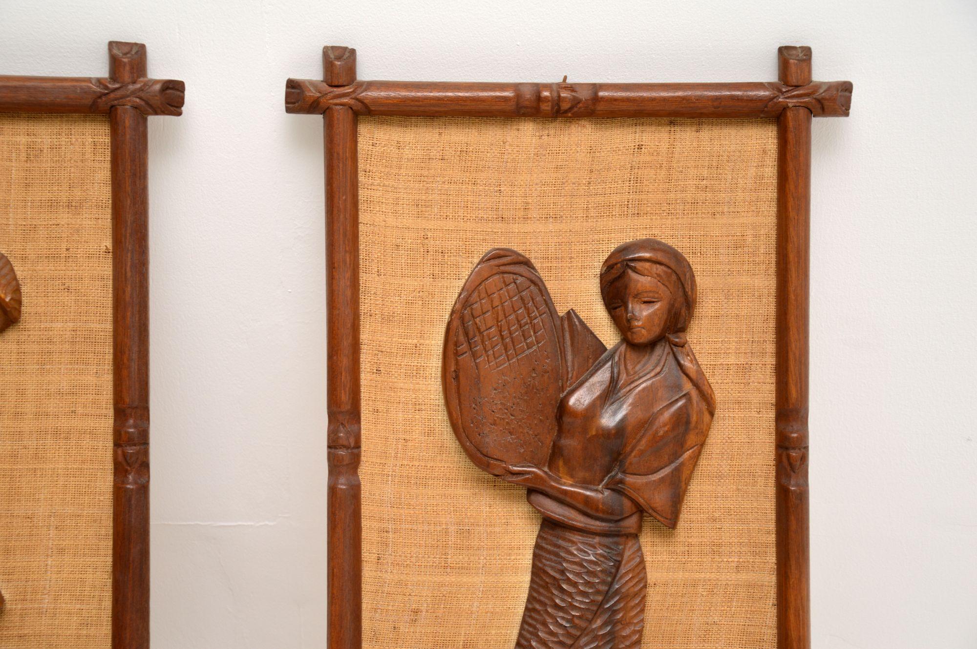 1960s Pair of Carved Walnut Decorative Reliefs Wall Art In Good Condition For Sale In London, GB