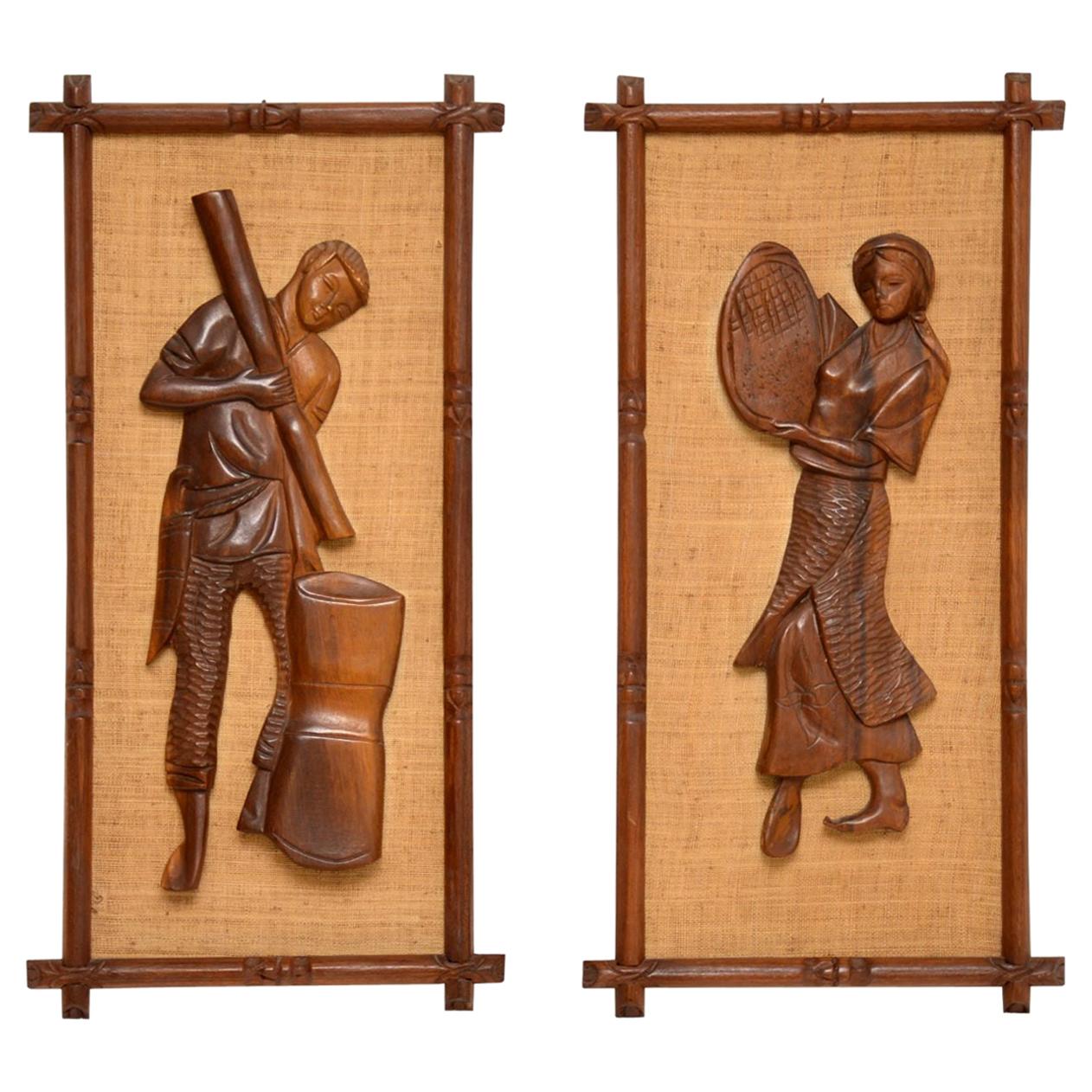 1960s Pair of Carved Walnut Decorative Reliefs Wall Art