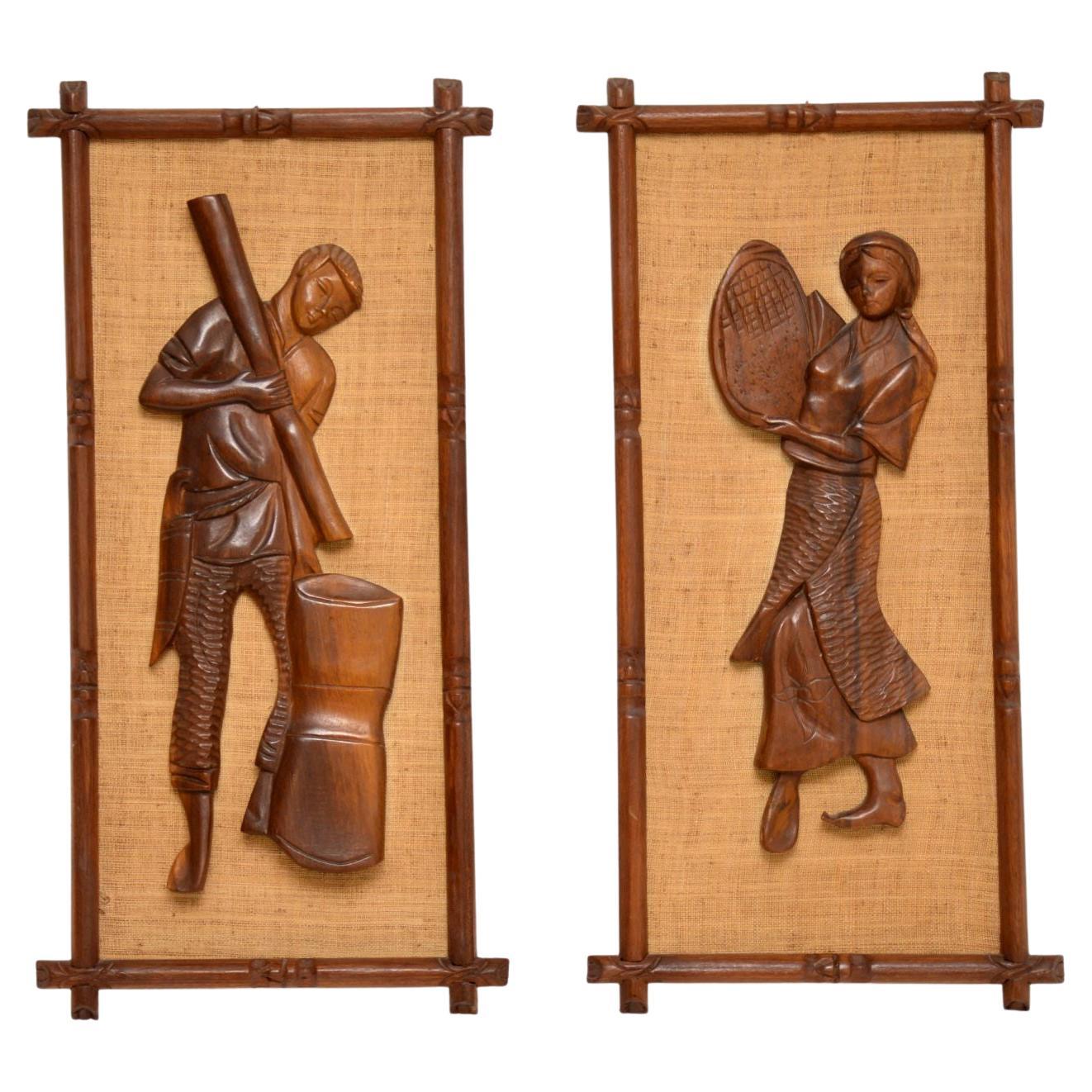 1960s Pair of Carved Walnut Decorative Reliefs Wall Art For Sale