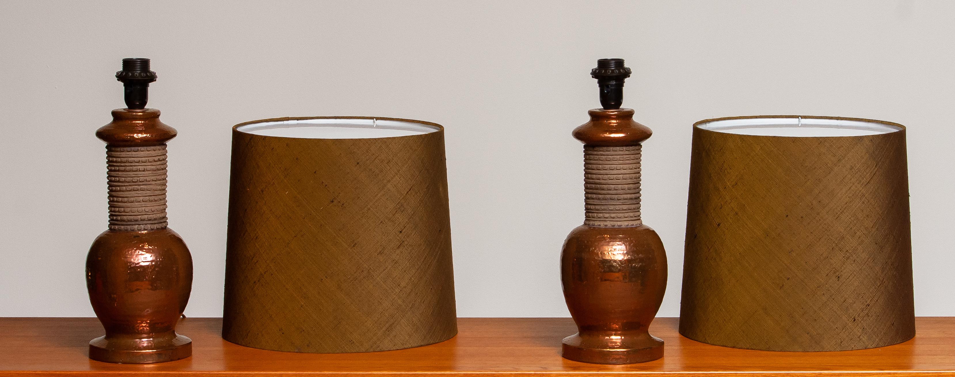 Mid-Century Modern 1960s, Pair of Ceramic and Copper Bitossi Italy Table Lamps for Bergboms, Sweden
