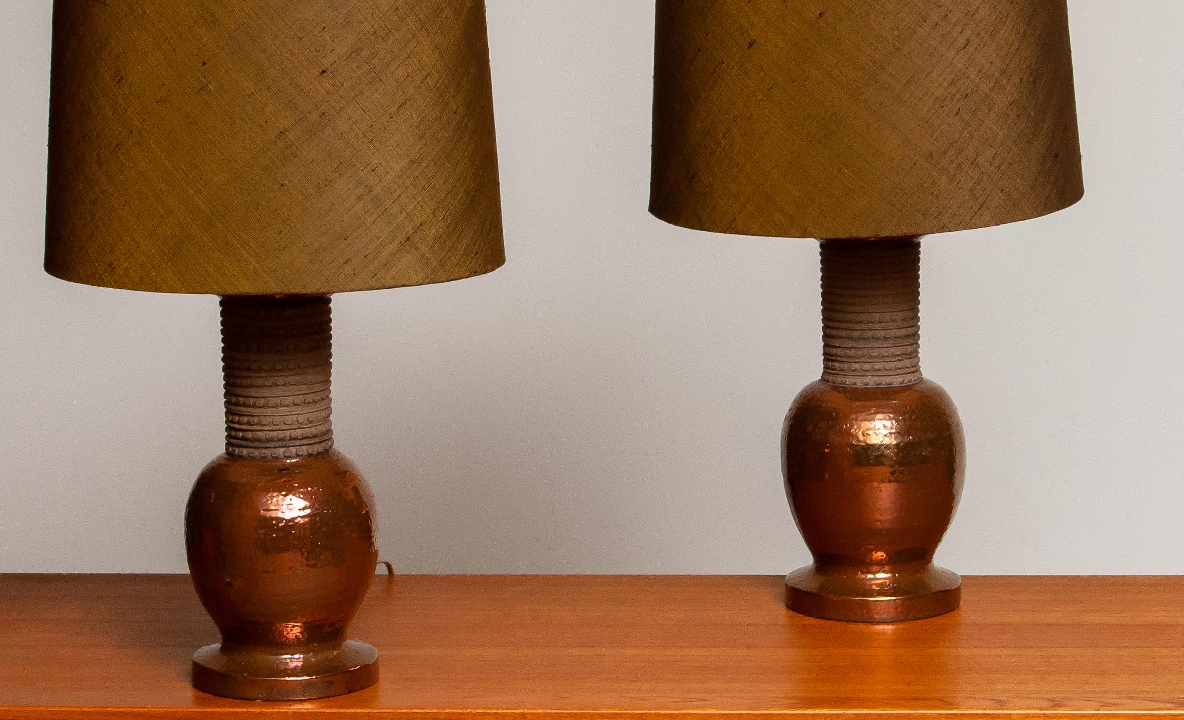 Italian 1960s, Pair of Ceramic and Copper Bitossi Italy Table Lamps for Bergboms Sweden